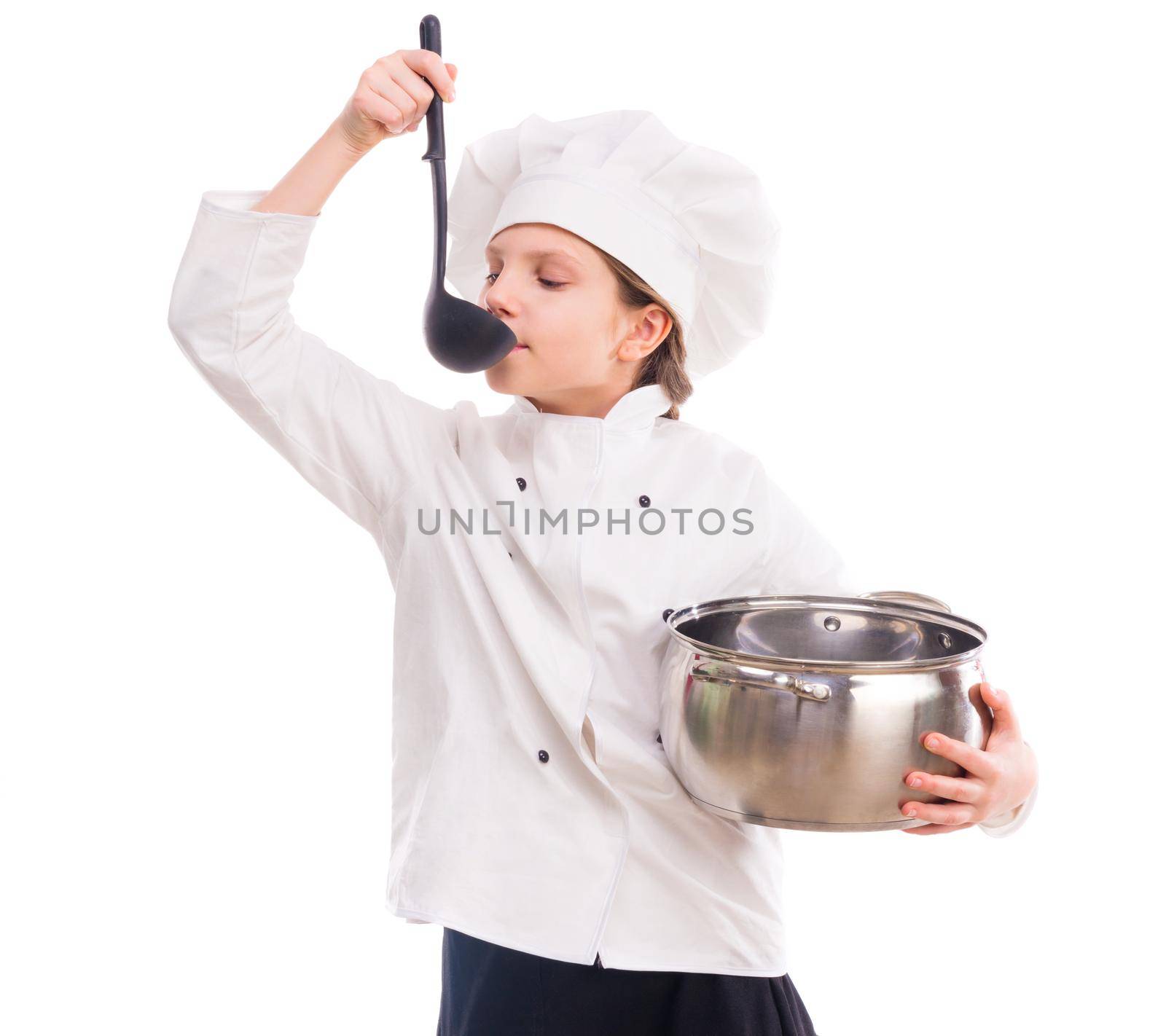 little cute girl in cook uniform with pan and ladle in hands isolated on white background
