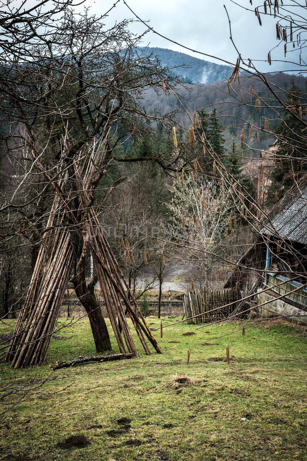 old house and yard in Carpathian mountains, Ukraine