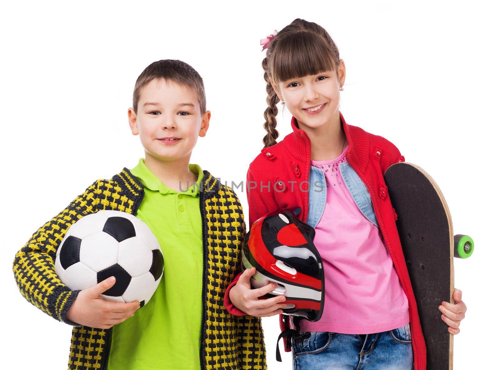 playful schoolchildren with sport skate and ball in hands isolated on white background