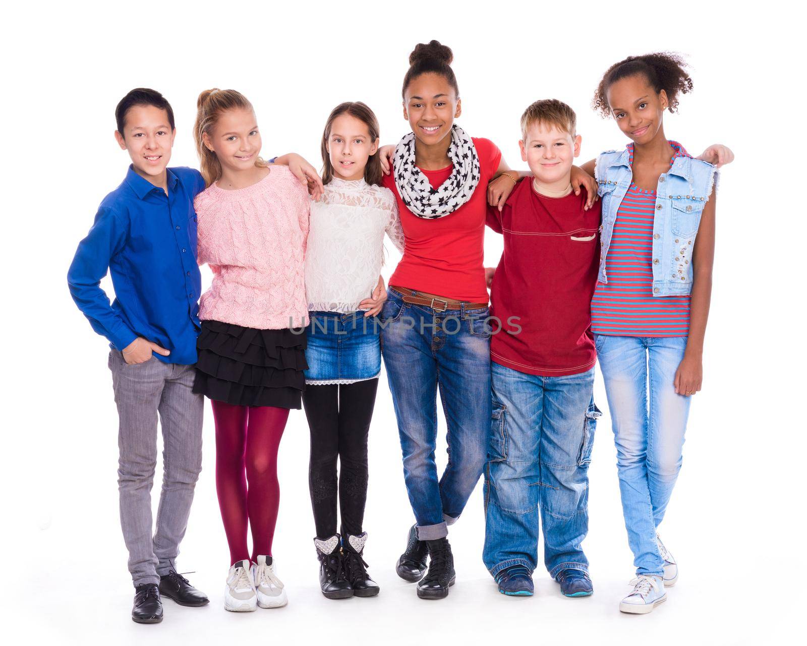kids with different clothes standing together isolated on white background