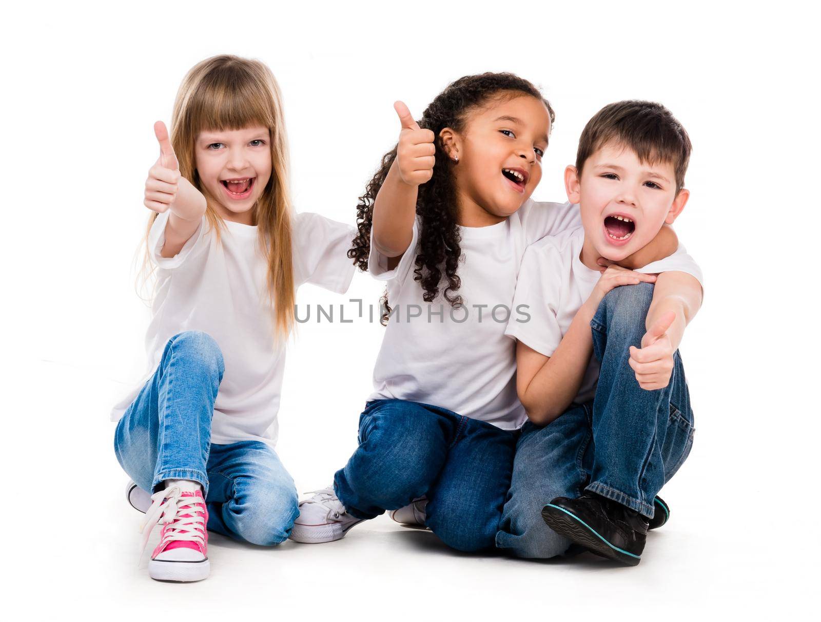 three funny children sitting on the floor with thumbs up by GekaSkr