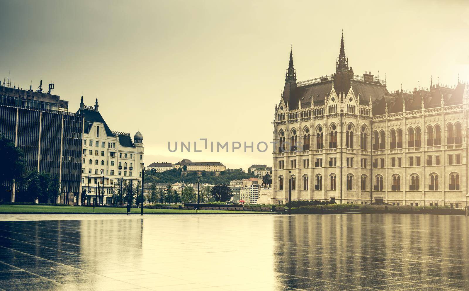 view on square and National Hungarian Parliament