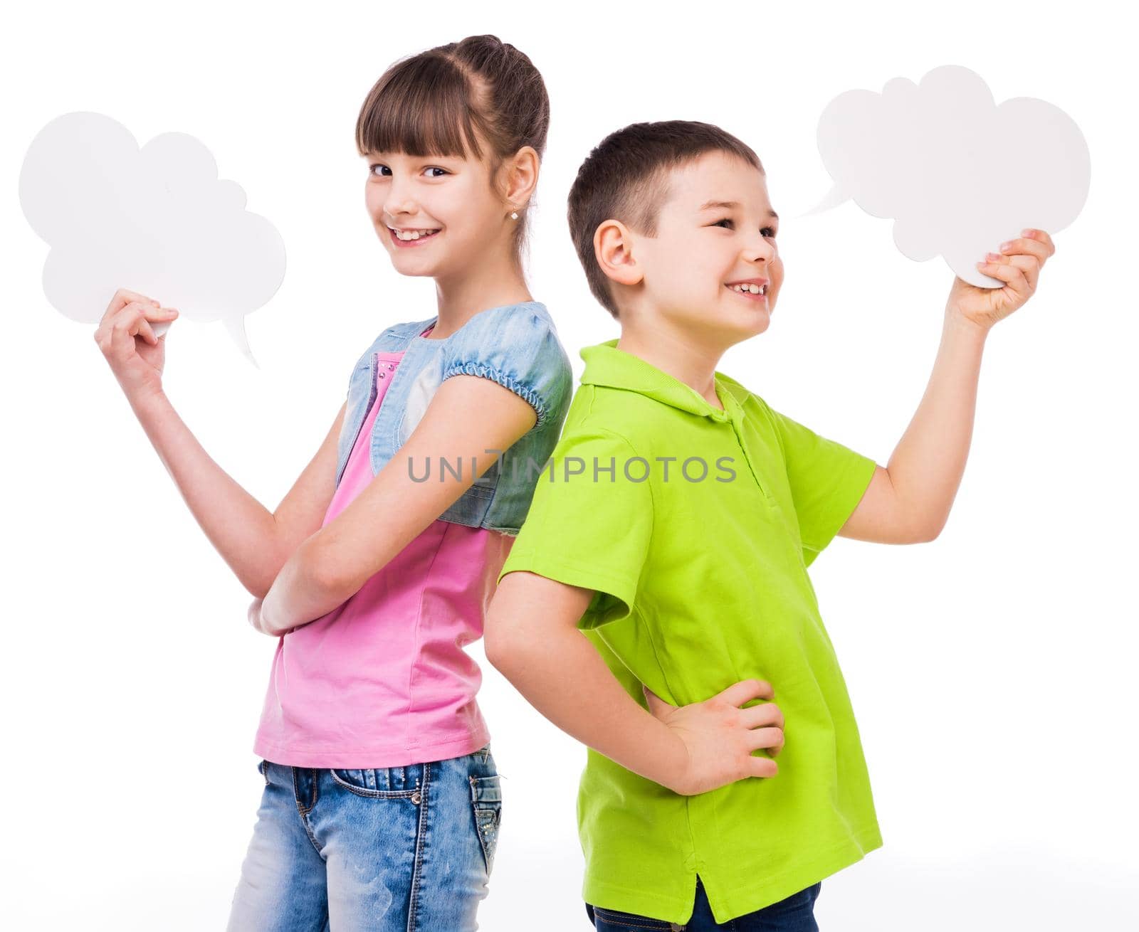 cute boy and girl holding scraps of paper in form of cloud isolated on white background