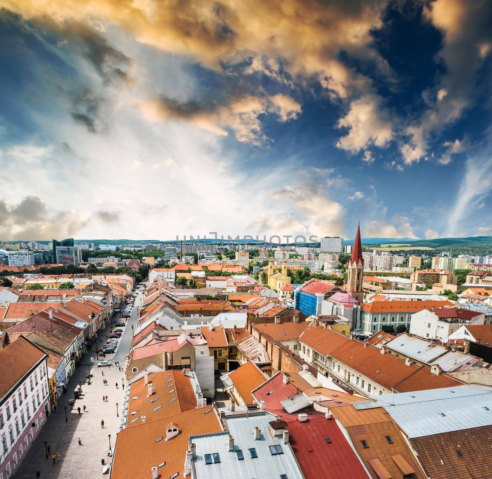scrnic view on roofs and central part of Kosice in Slovakia at sunset