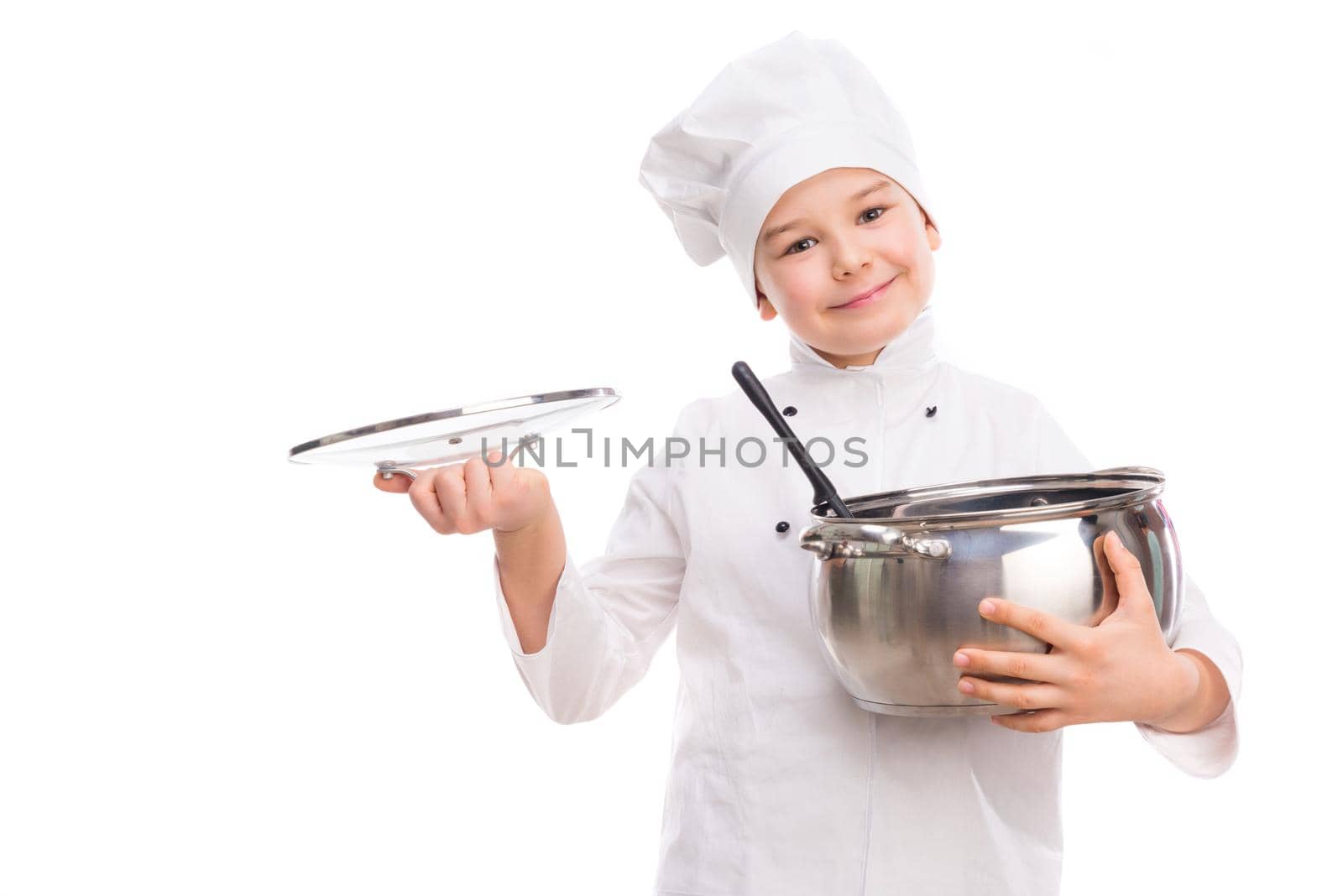 laughing little boy-cook with pan and lid in hands isolated on white background