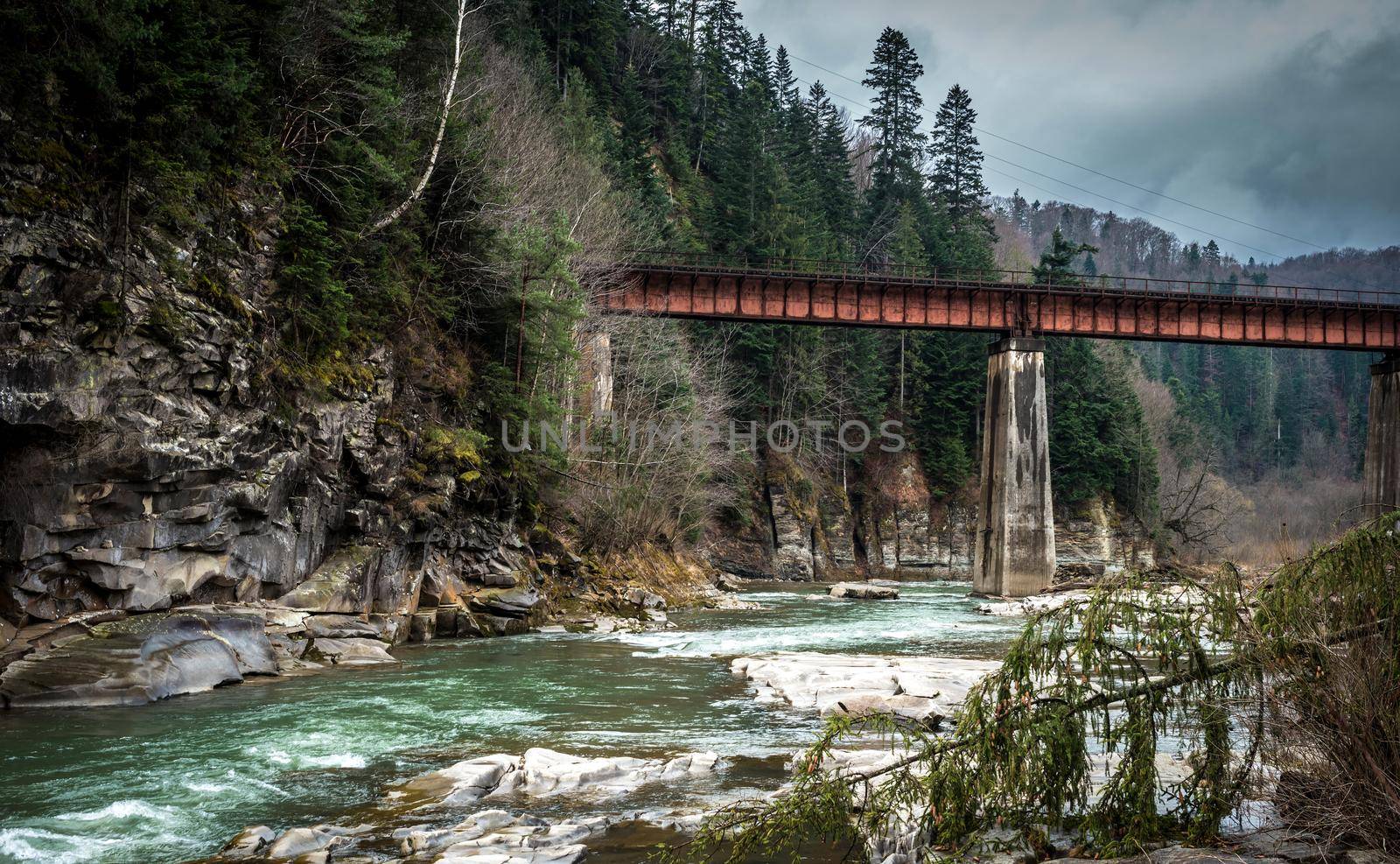 landscape in Carpathian mountains with river, railway bridge
