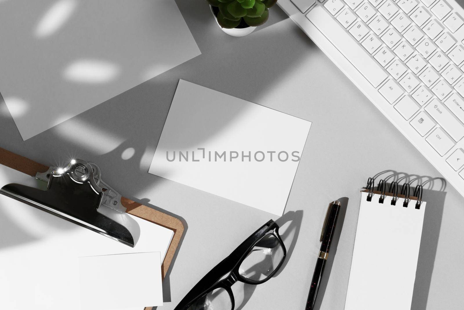 Flat lay composition with blank stationery mock-up, copy space