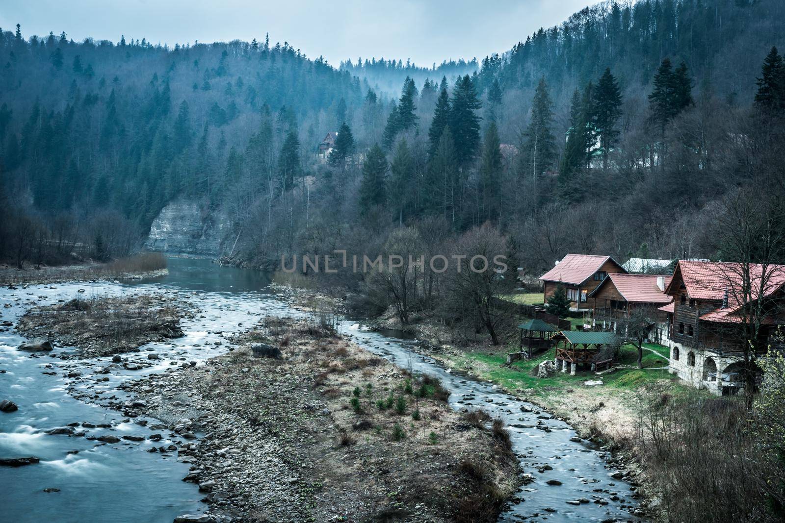 beautiful river with houses and forest on bank in Carpathian mountains, Ukraine