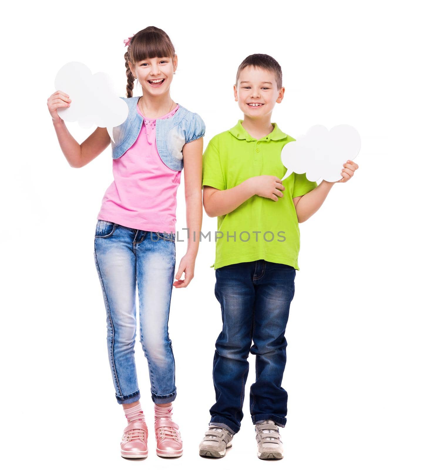 cute boy and girl holding scraps of paper in form of cloud isolated on white background