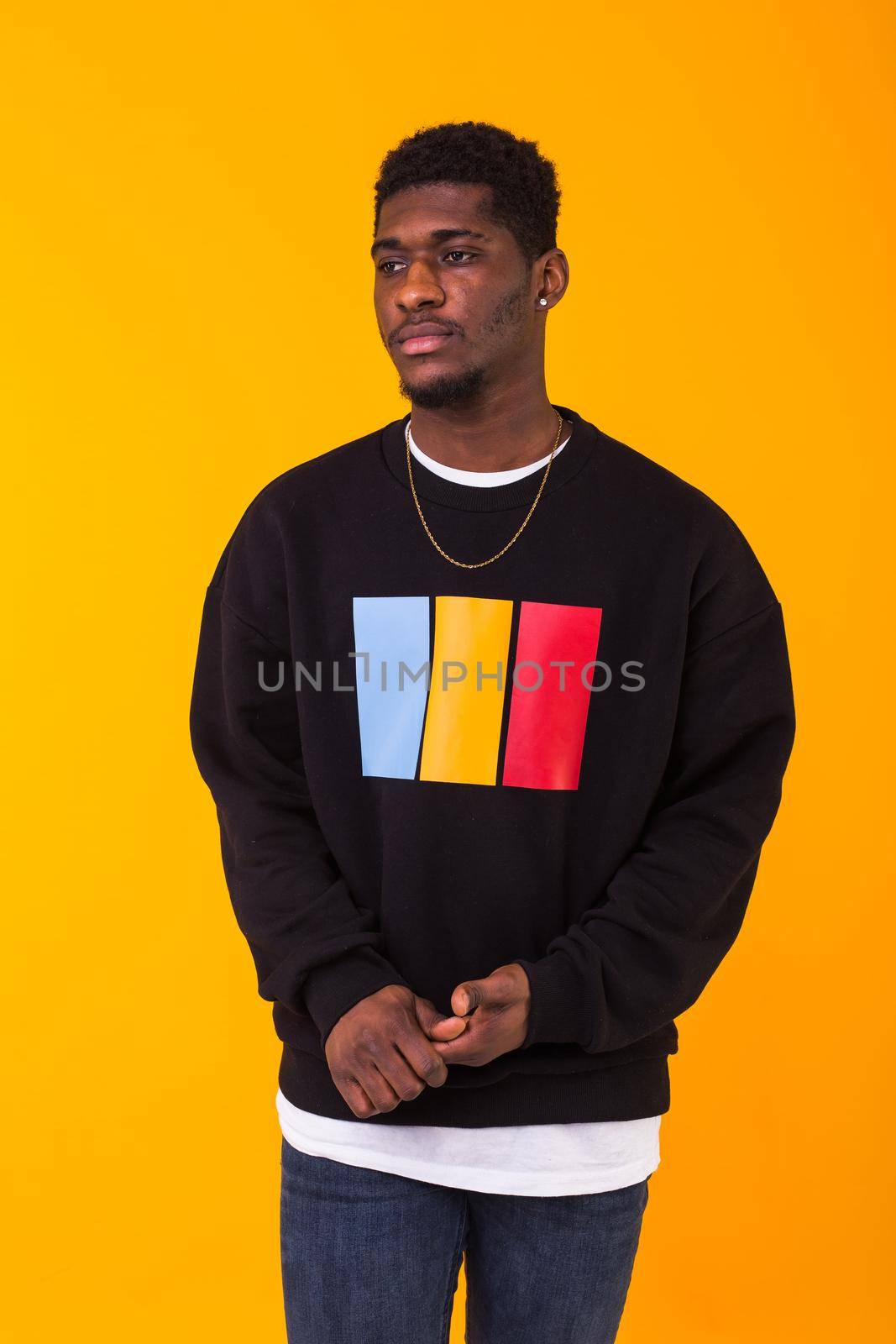 Portrait handsome young black man dressed in jeans and hoodie on white background. Street fashion and modern youth culture