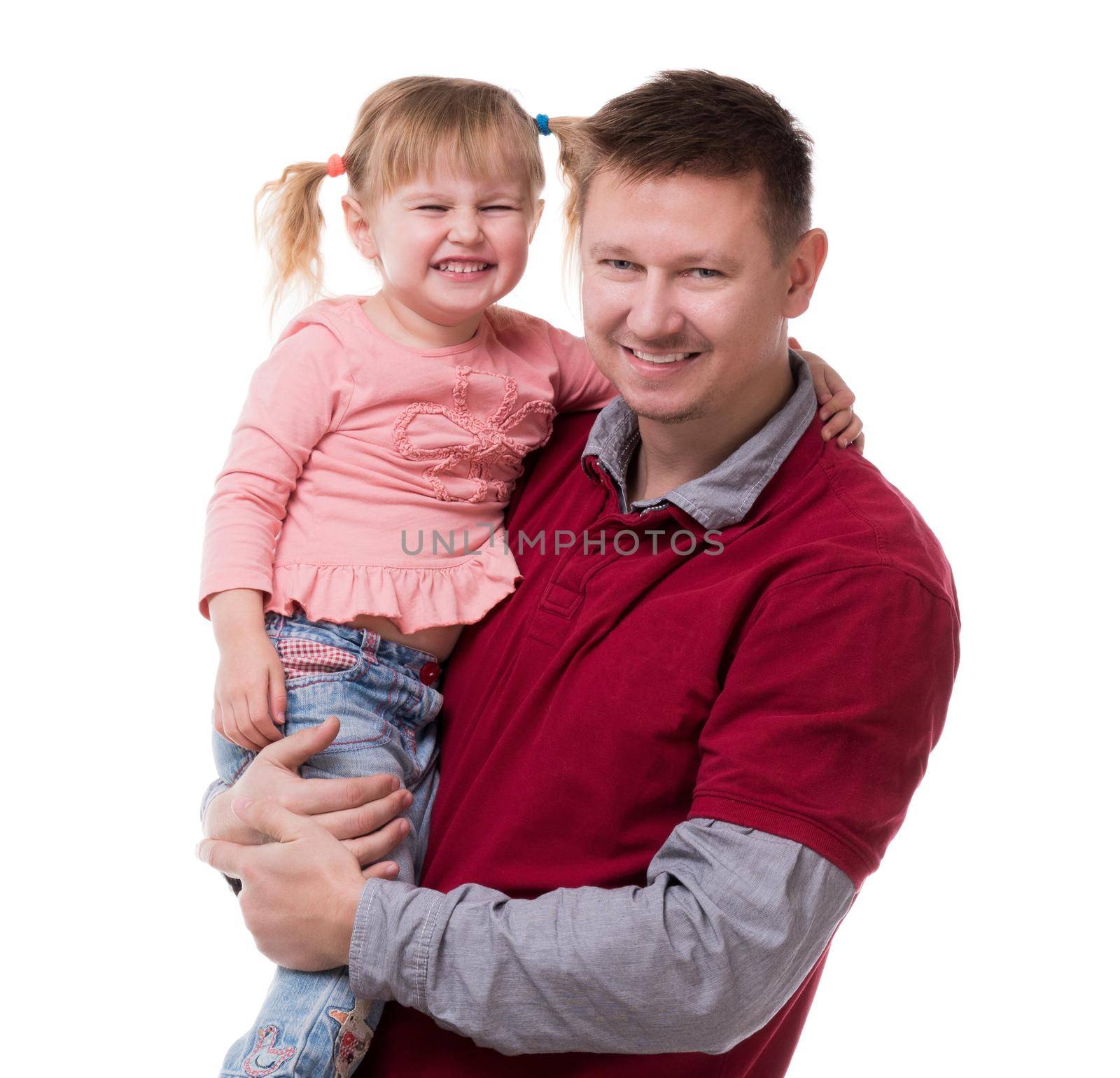 father holding little daudgter in his arms isolated on white background