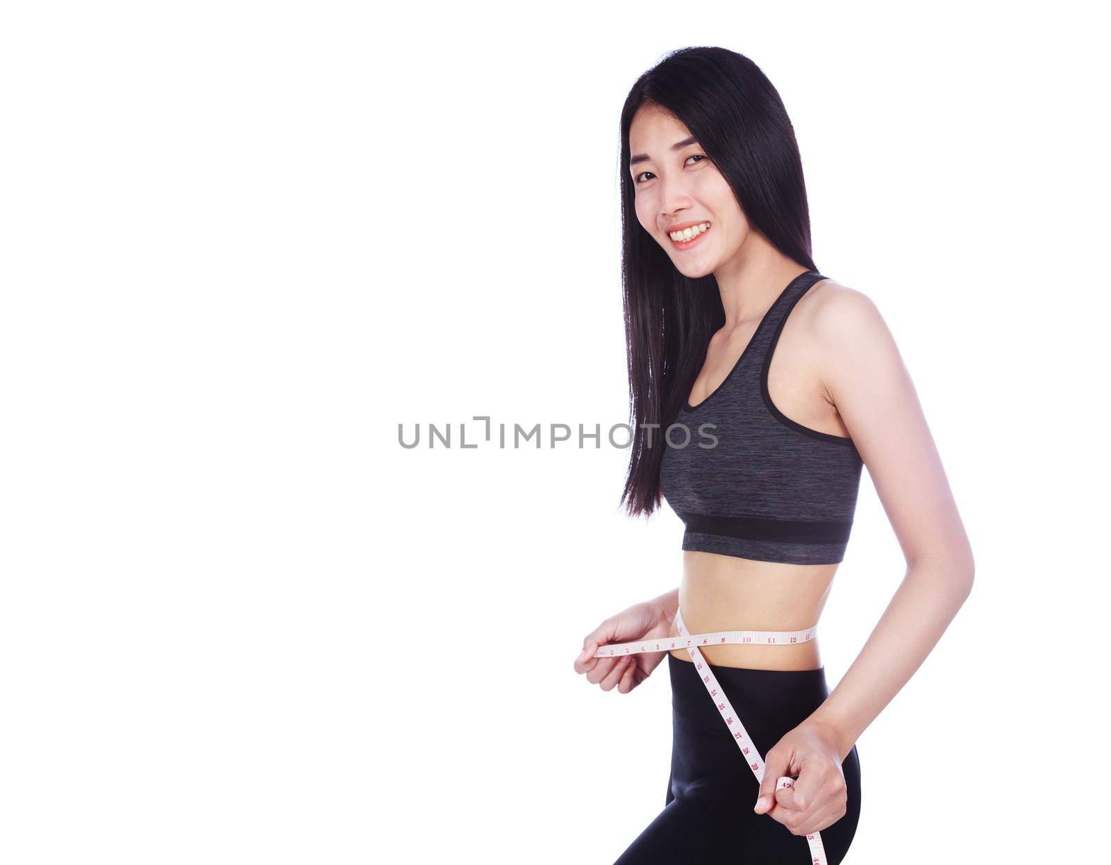 woman measuring waist with tape isolated on white background (diet concept)