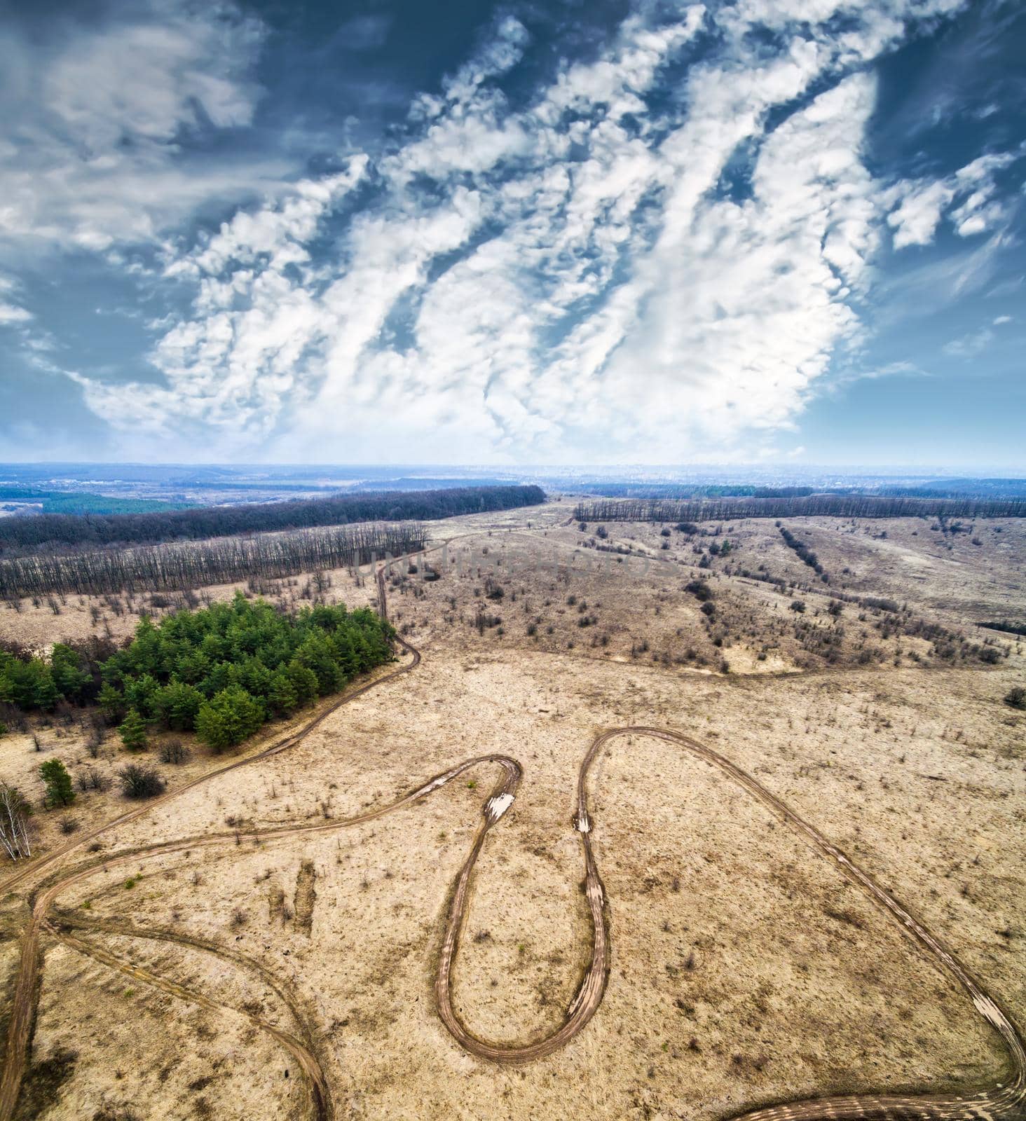 racing tracks and landscape in countryside from height