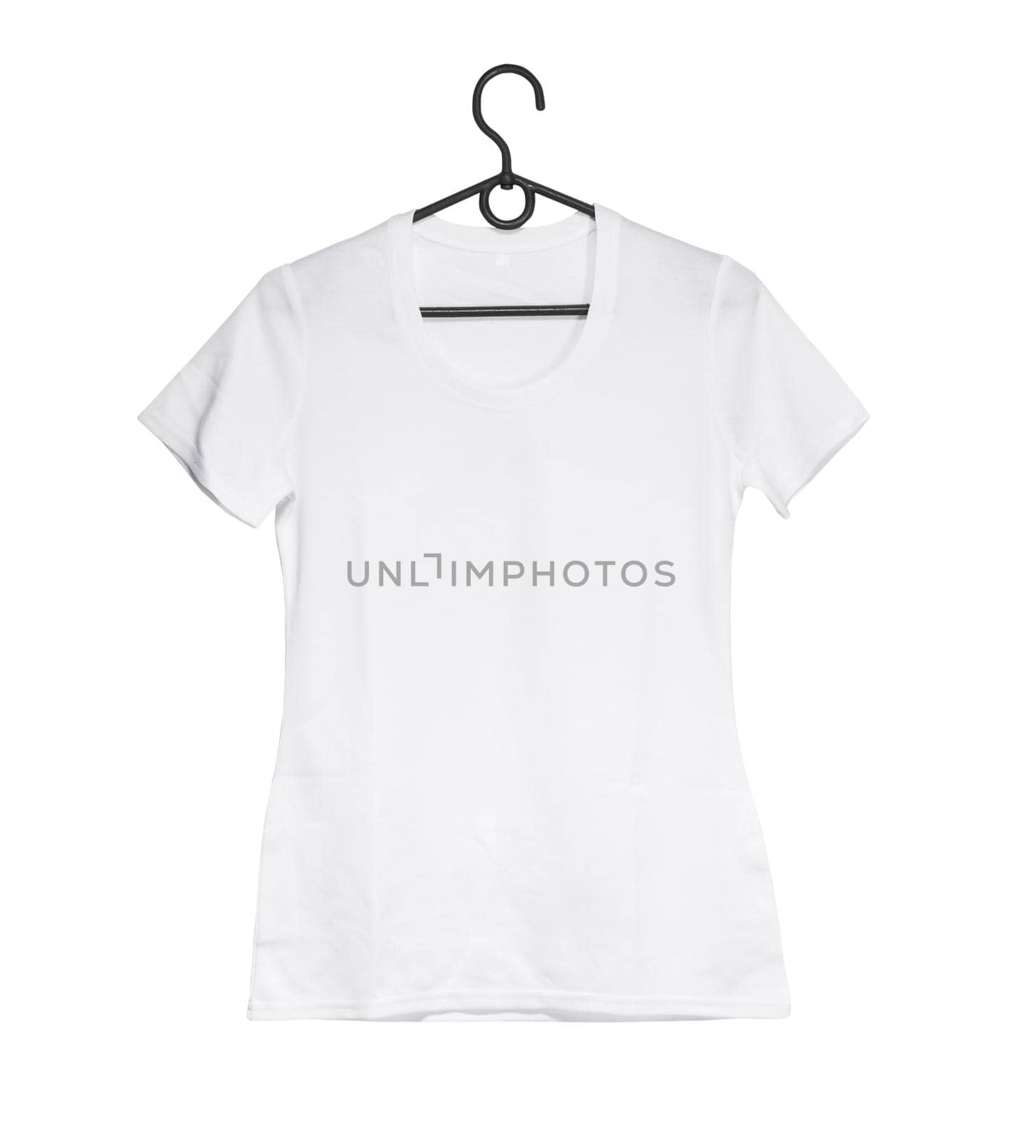 white woman t-shirt on hanger isolated on a white background, front view