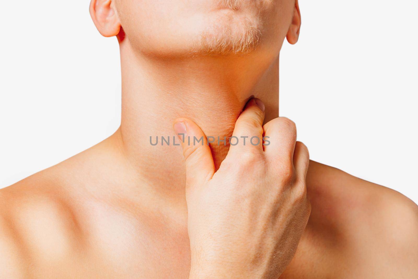 Man holds the throat, sore throat. On a white background