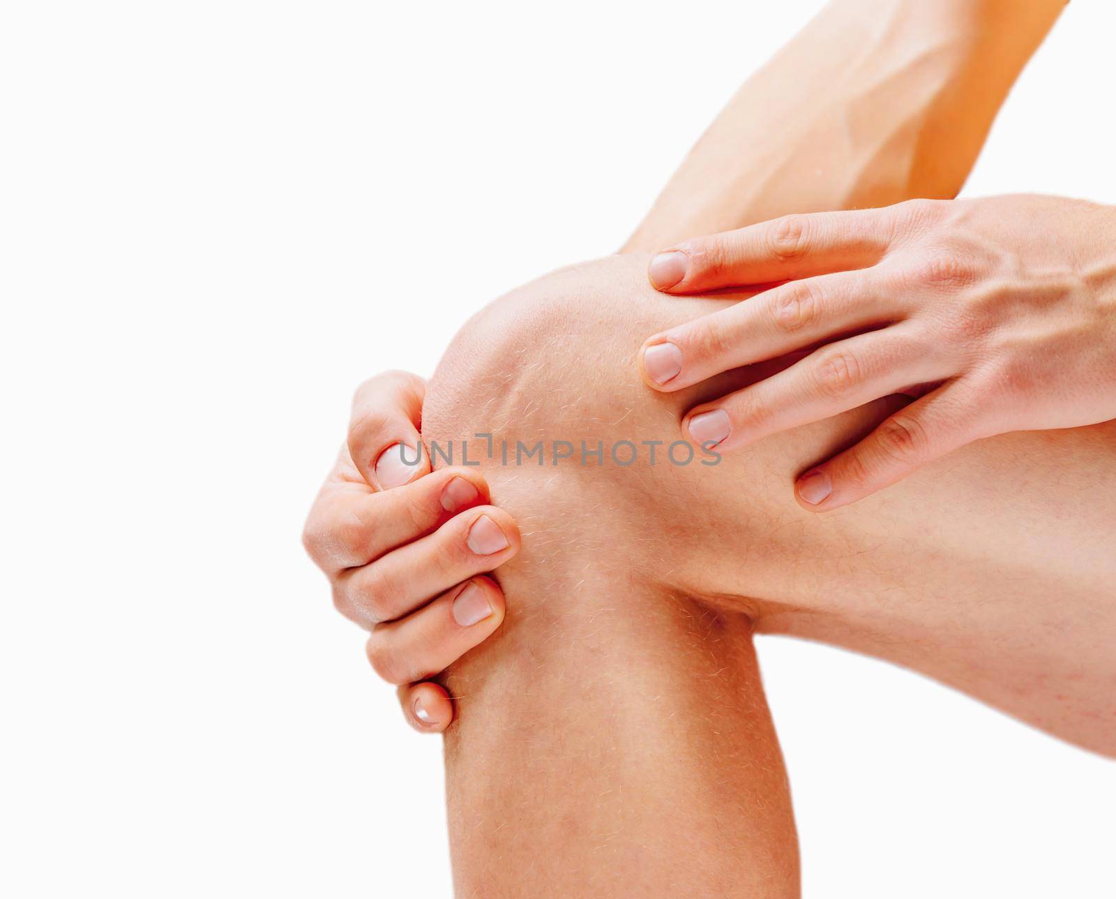 Pain in the knee joint. On a white background
