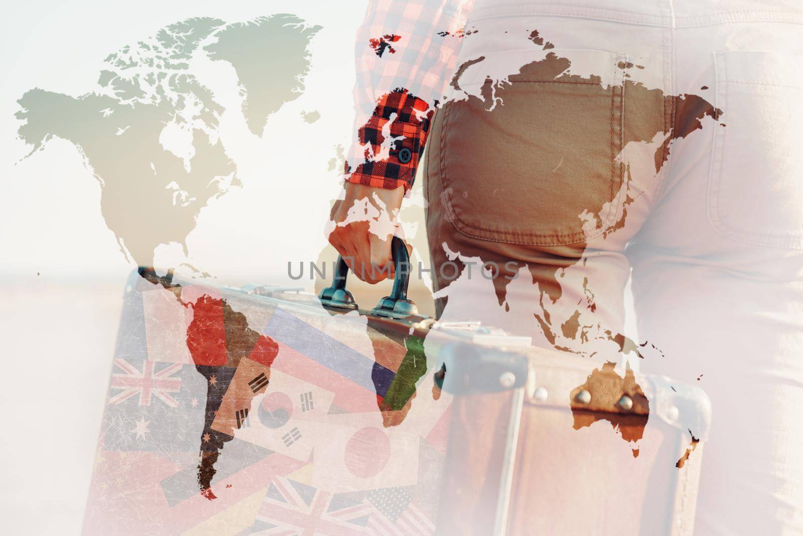 Double exposure map of the world combined with image of traveler woman with suitcase. Concept of travel