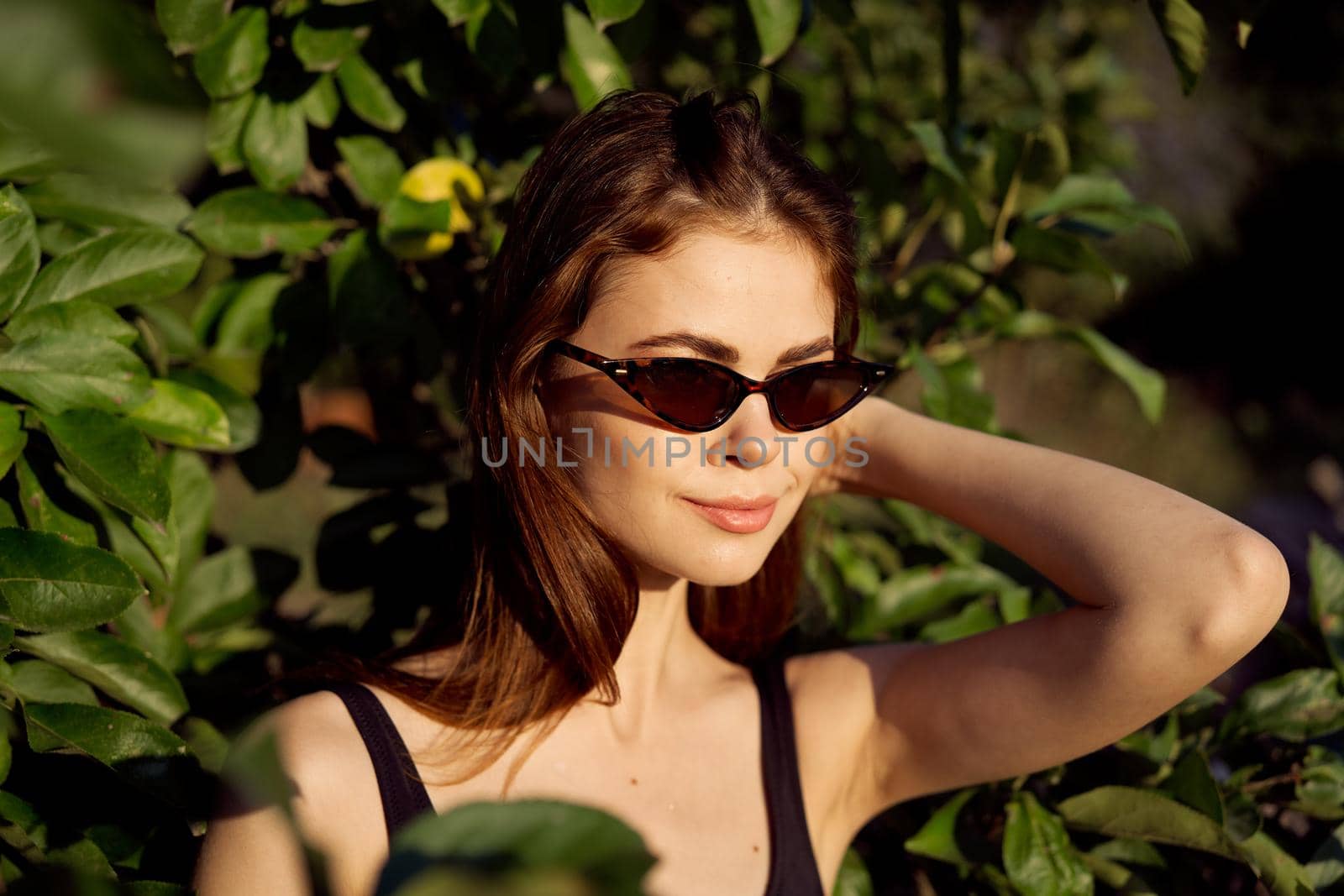 pretty woman wearing sunglasses green leaves posing summer. High quality photo