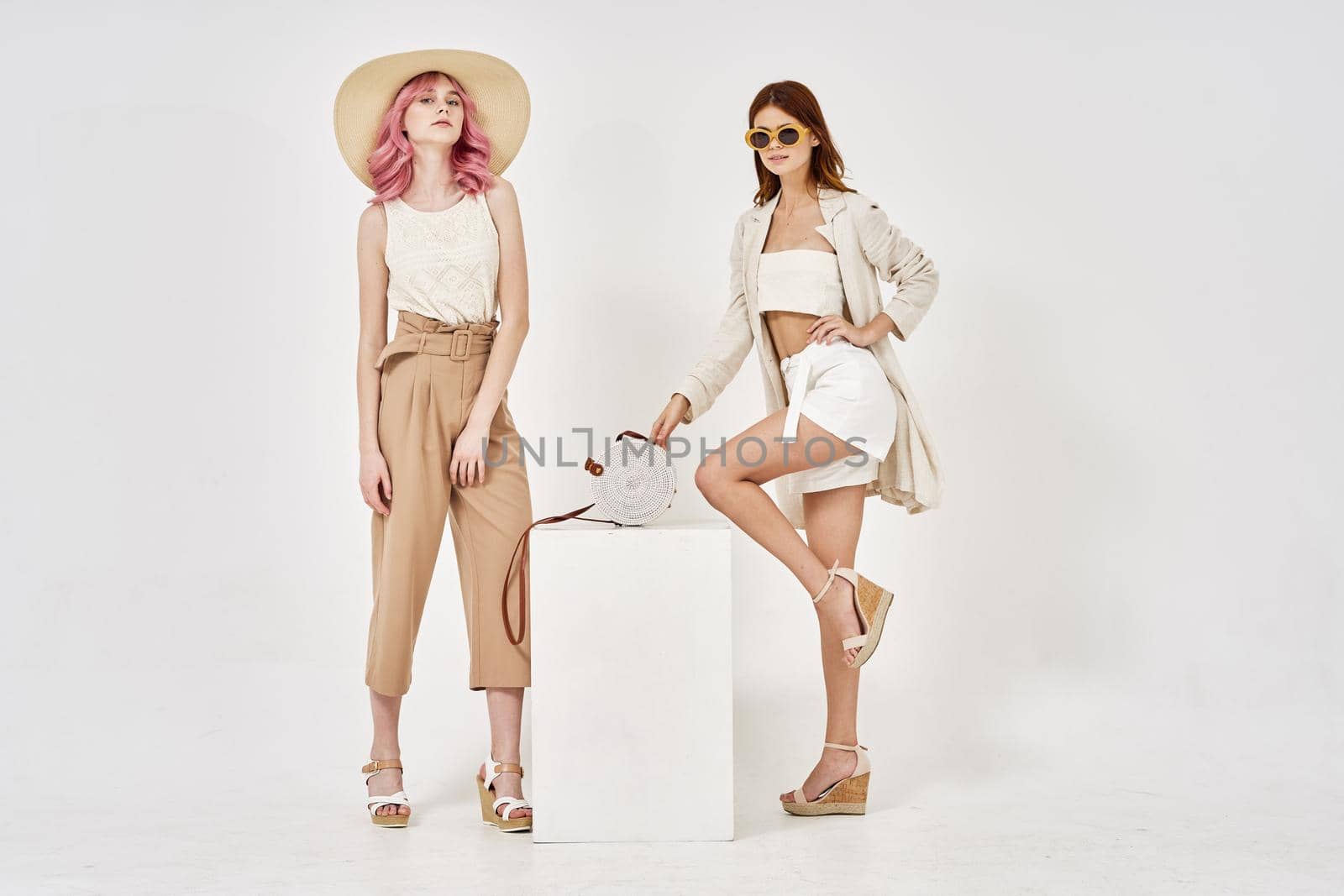 two women in fashionable clothes posing model decoration by Vichizh