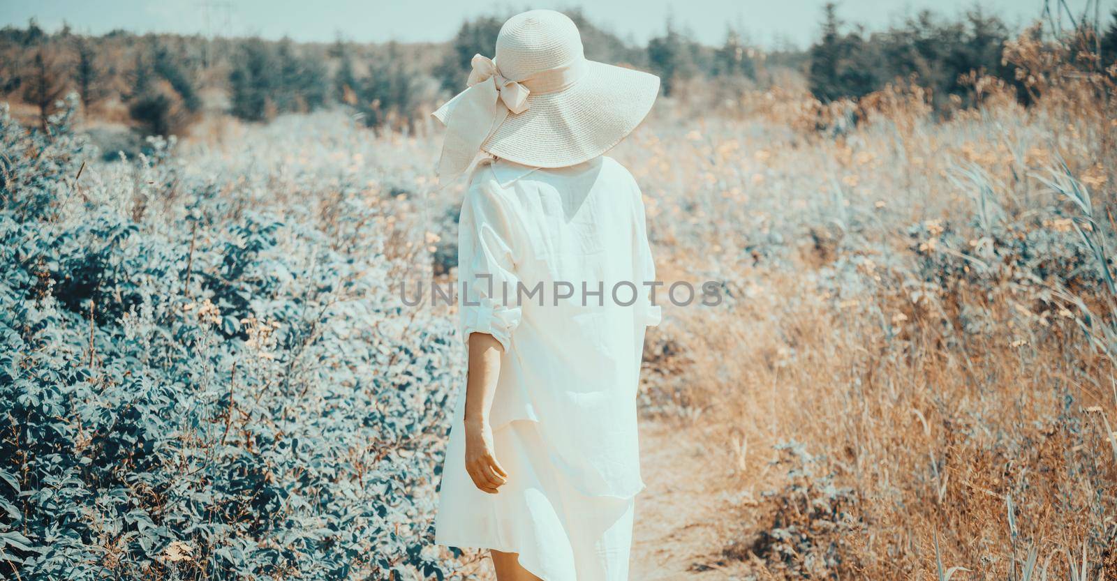 Young woman in dress and hat with wide brim walking in summer fairy beautiful park, rear view