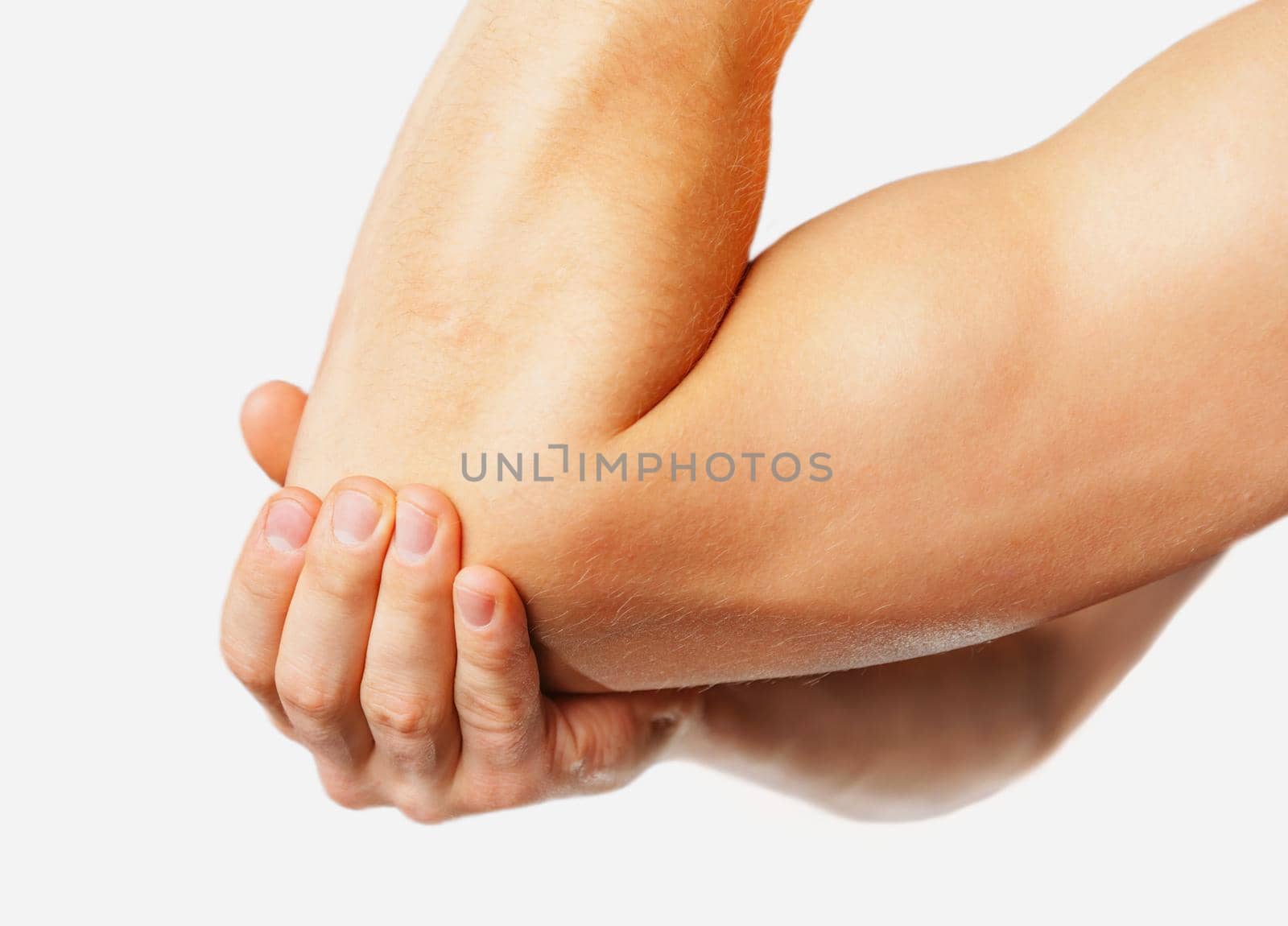 The man is touching the elbow due to acute pain. On a white background
