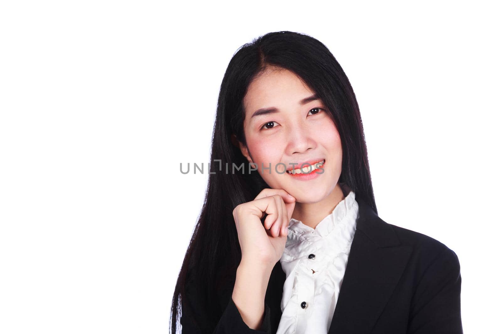 young business woman smiling and thinking isolated on white background