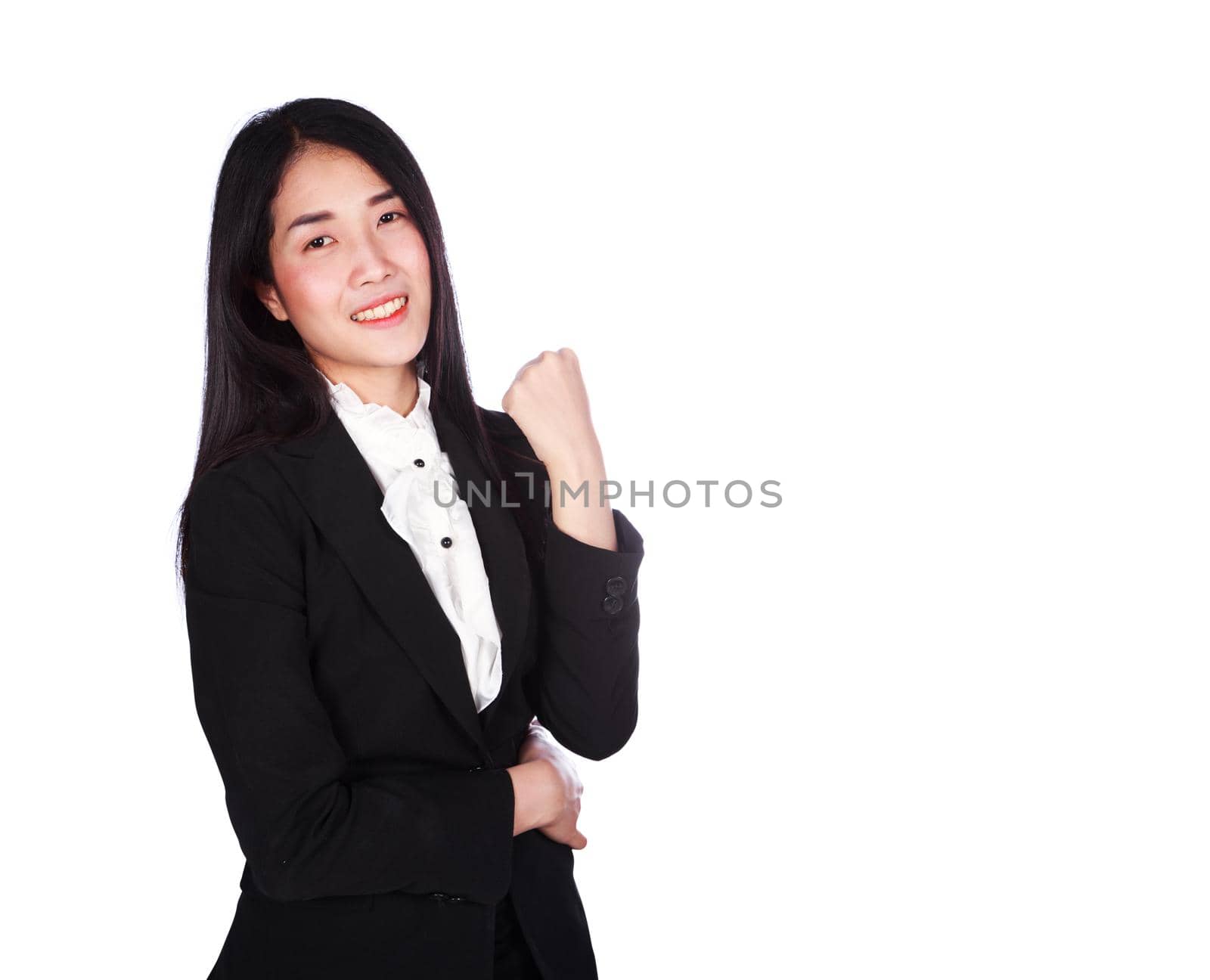 young business woman cheering with her arms raised isolated on white background