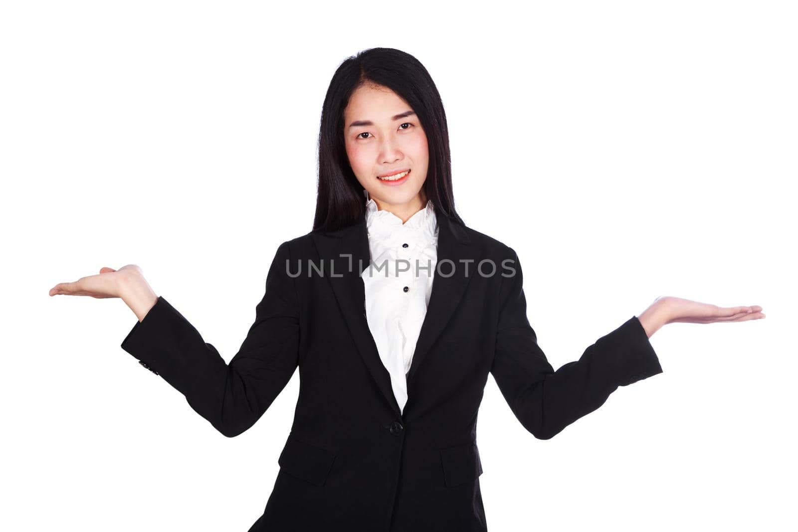 young business woman in suit with empty hand isolated on white background