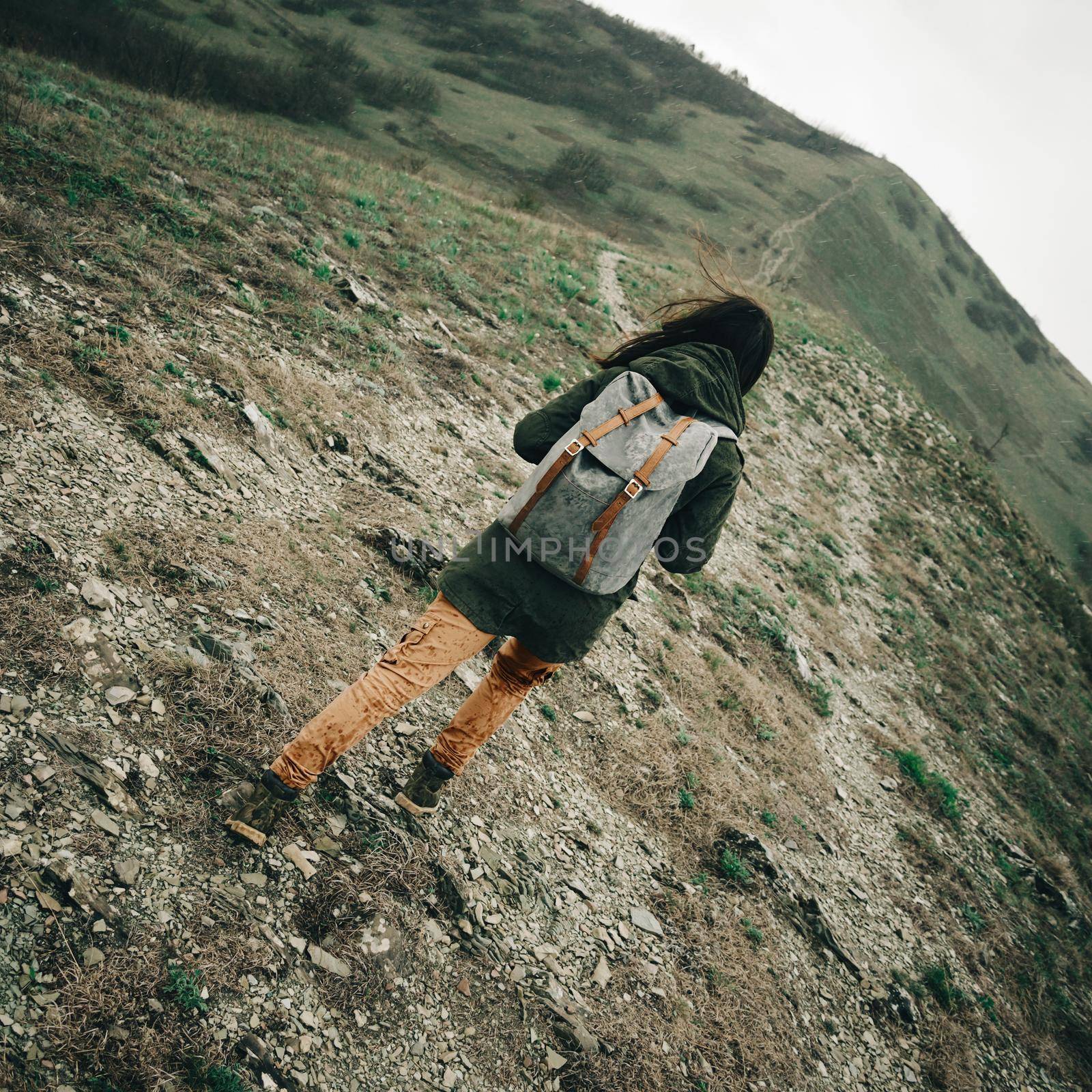 Hiker woman trekking in the mountains by alexAleksei