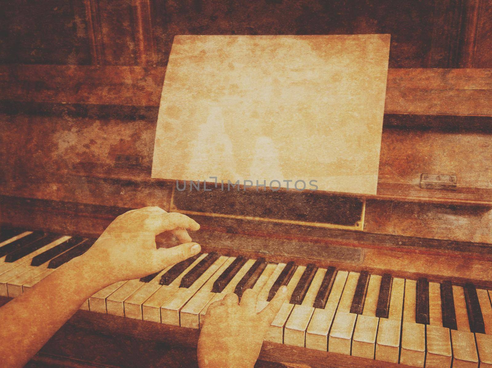 Child plays on the retro piano, on the desk empty blank space for text. Vintage image