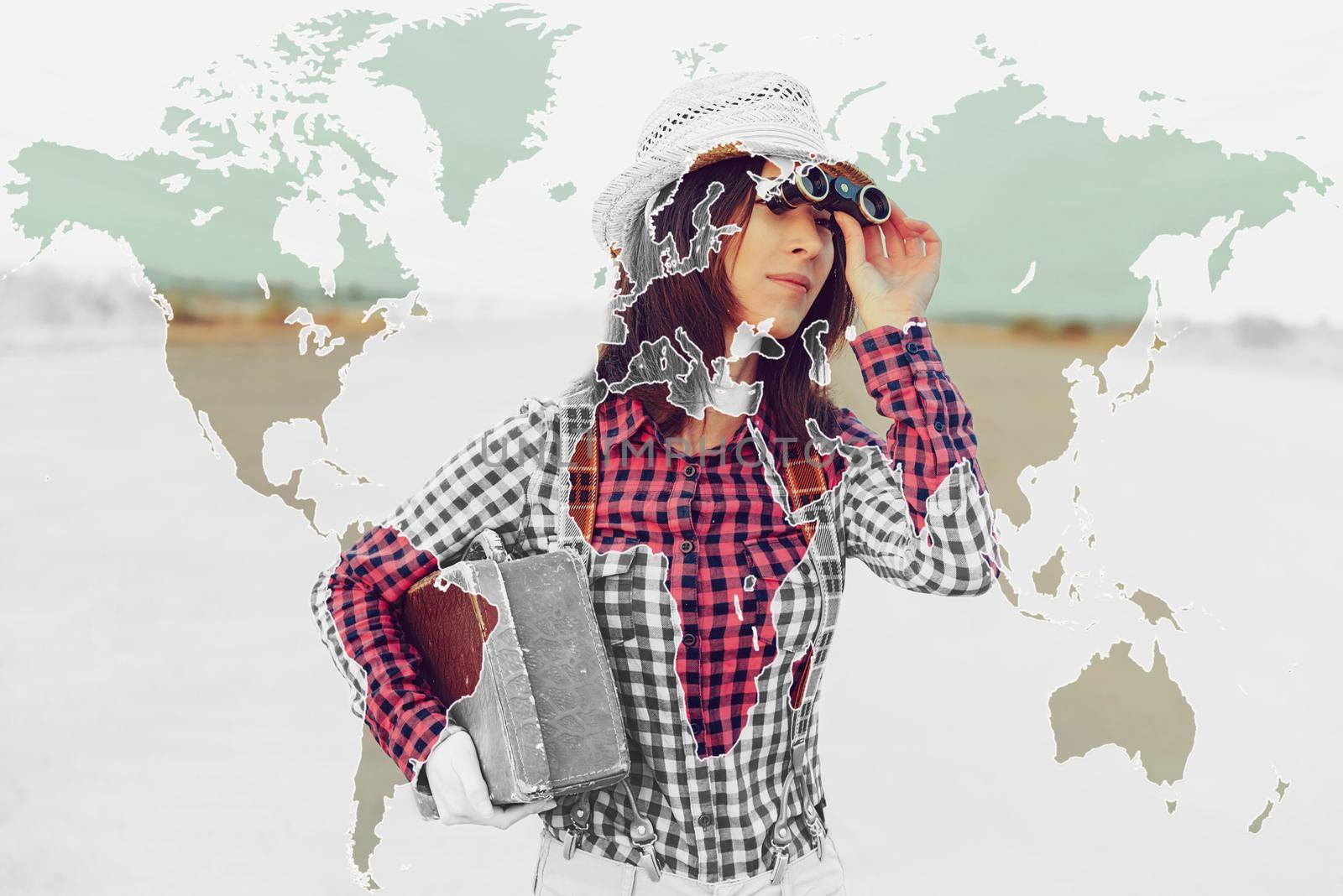 Double exposure map of the world combined with image of traveler woman. Concept of travel