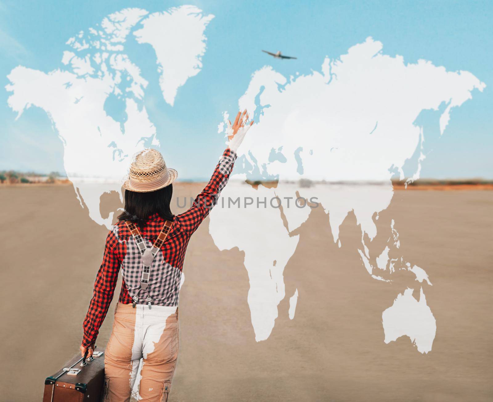Double exposure map of world combined with image of traveler woman with suitcase on runway. Concept of travel
