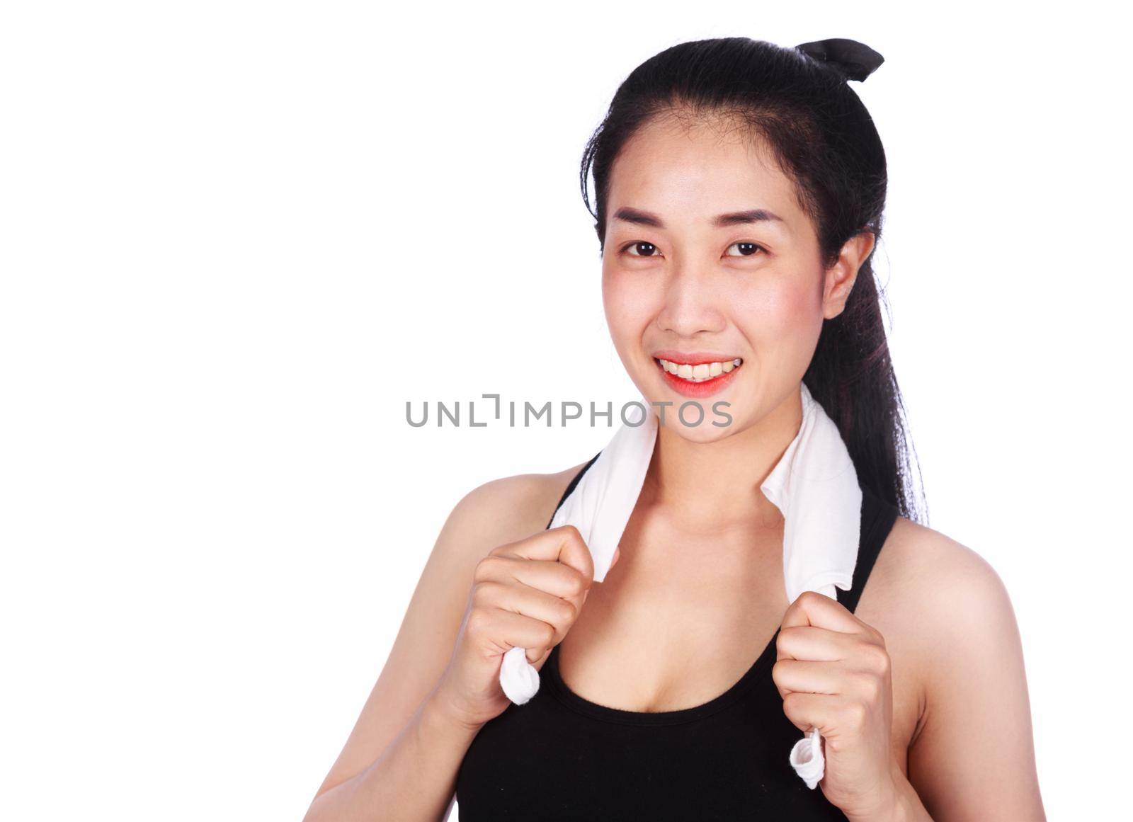 young sporty woman with a towel isolated on a white background