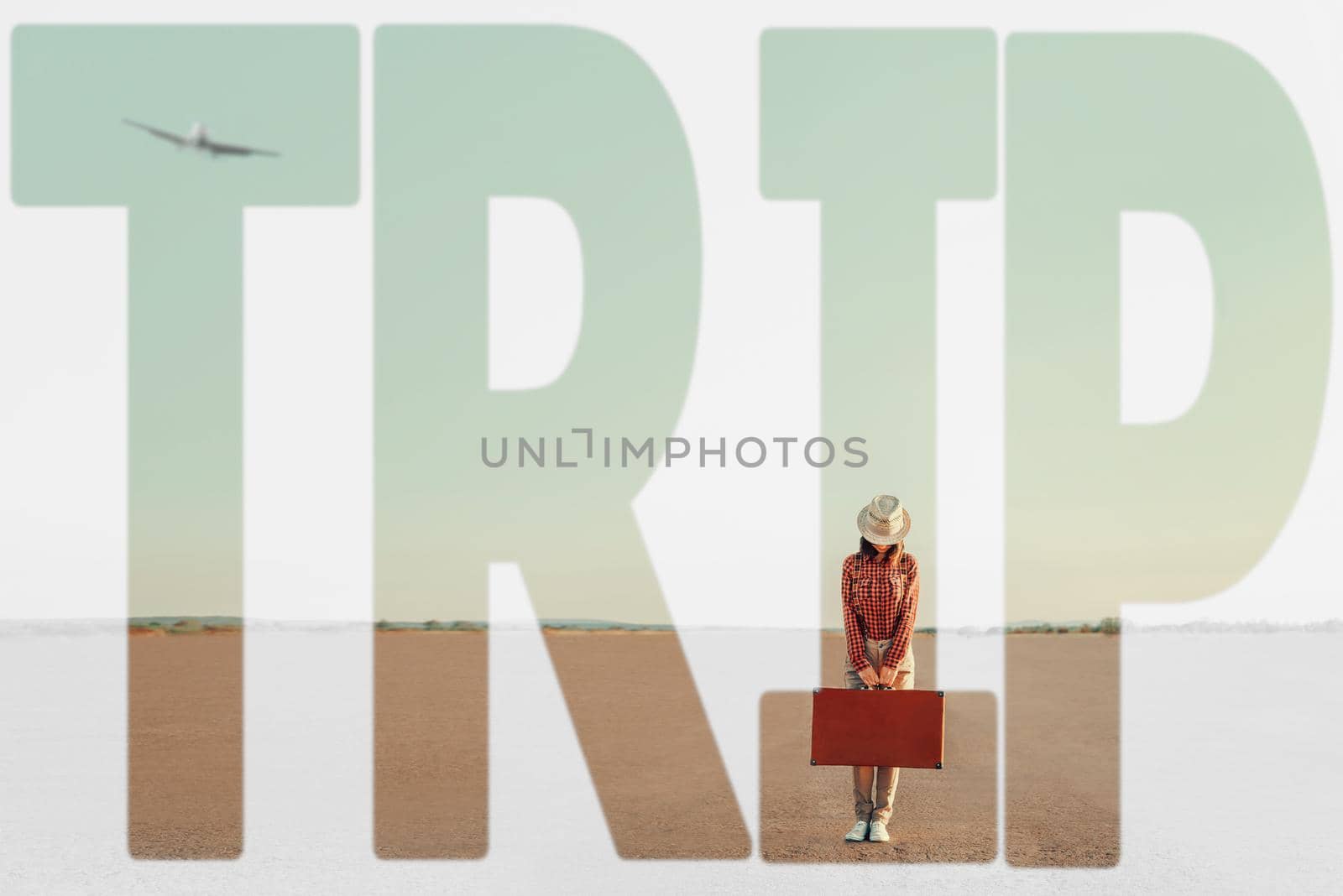 Double exposure word trip combined with image of traveler woman with suitcase on road. Concept of travel