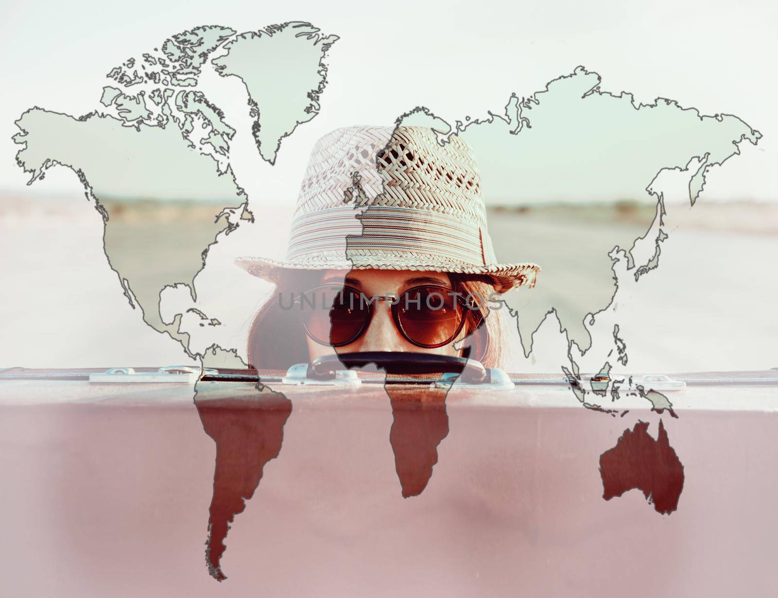 Double exposure map of world combined with image of traveler woman with suitcase. Concept of travel