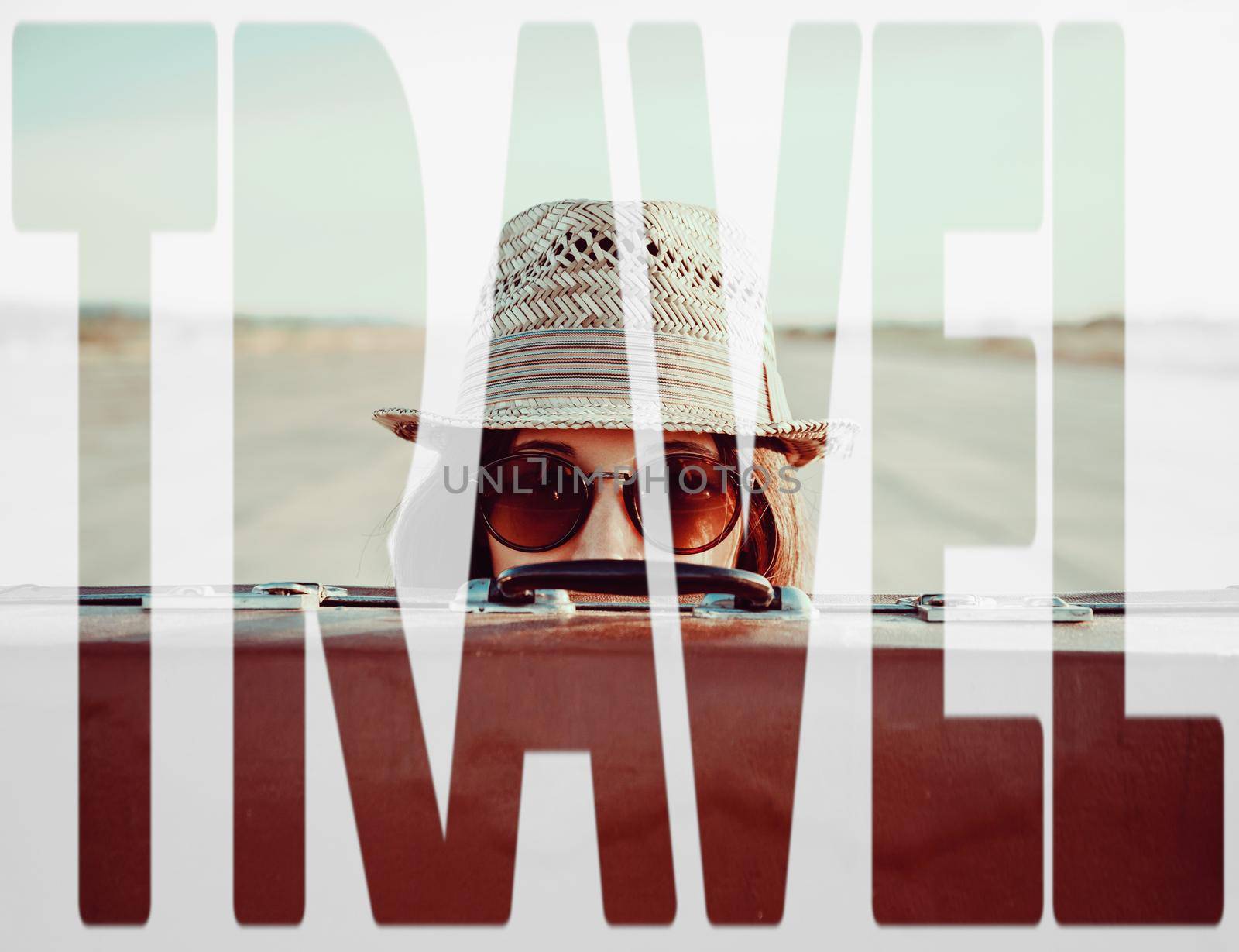 Double exposure word travel combined with image of traveler woman with suitcase. Concept of travel