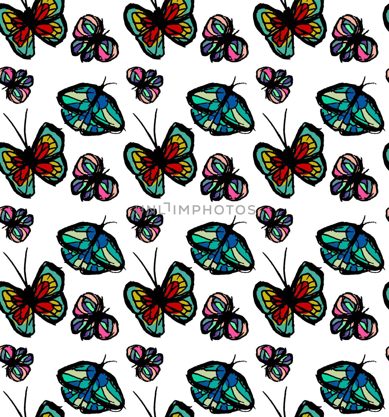 bright pattern with butterflies. Paints paint, hand drawn butterflies. by mlanaa