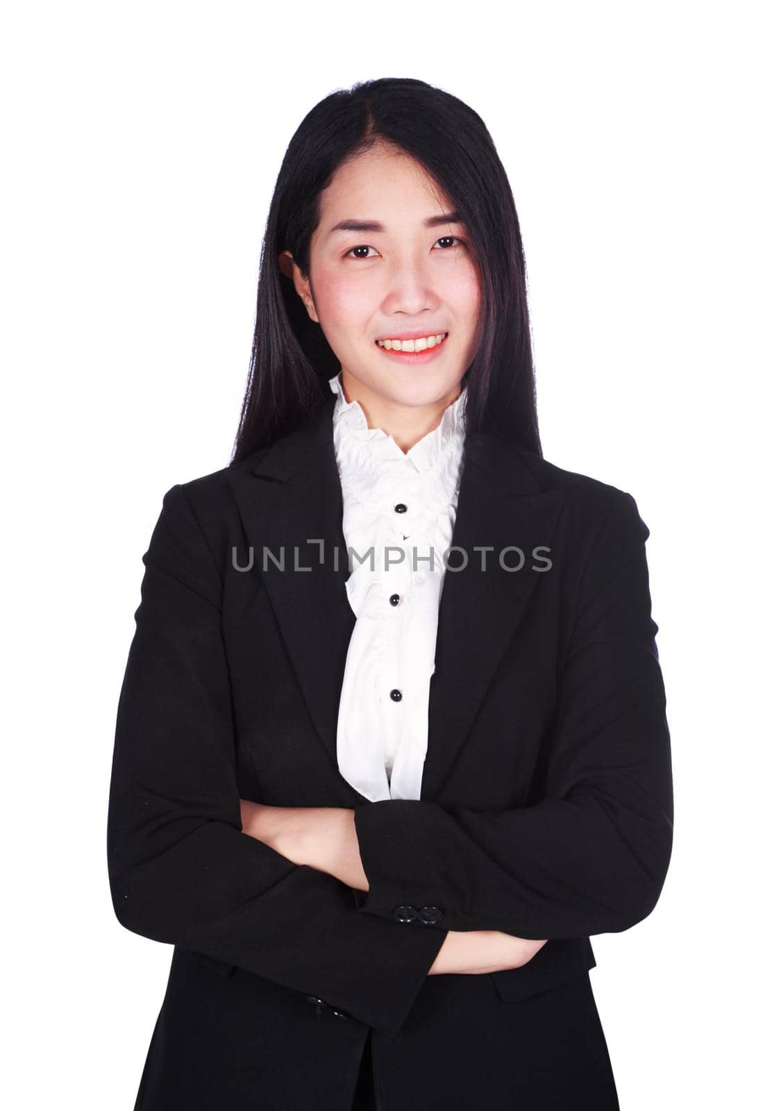 Young business woman with arms crossed isolated on white background