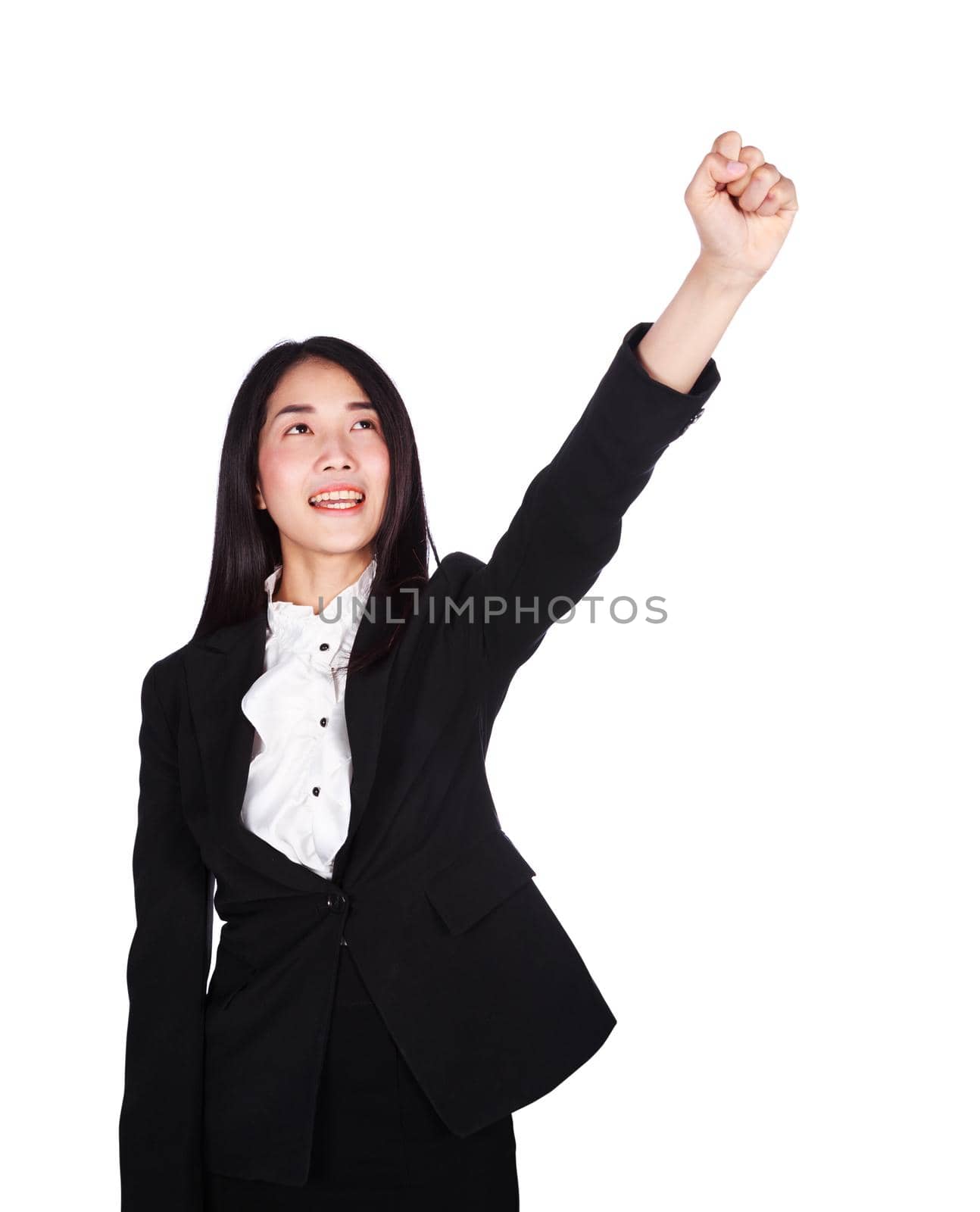 young business woman cheering with her arms raised isolated on white background