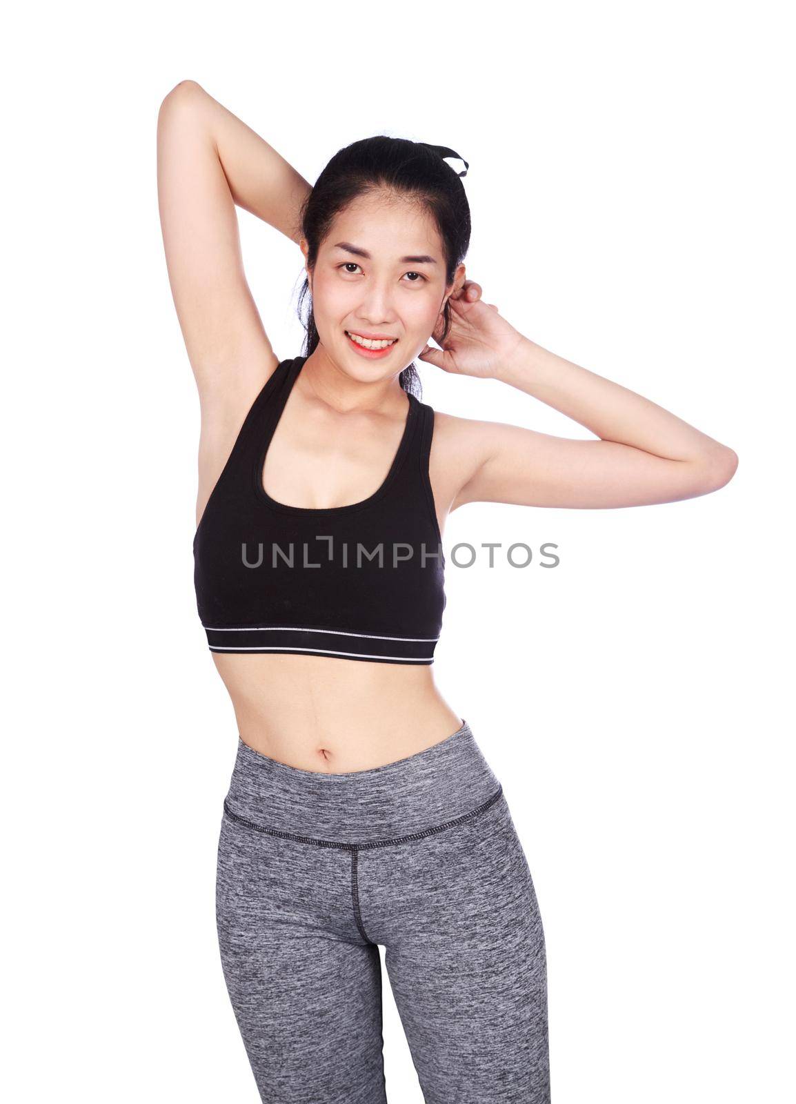 fitness woman stretching the muscles of her arms isolated on white background by geargodz