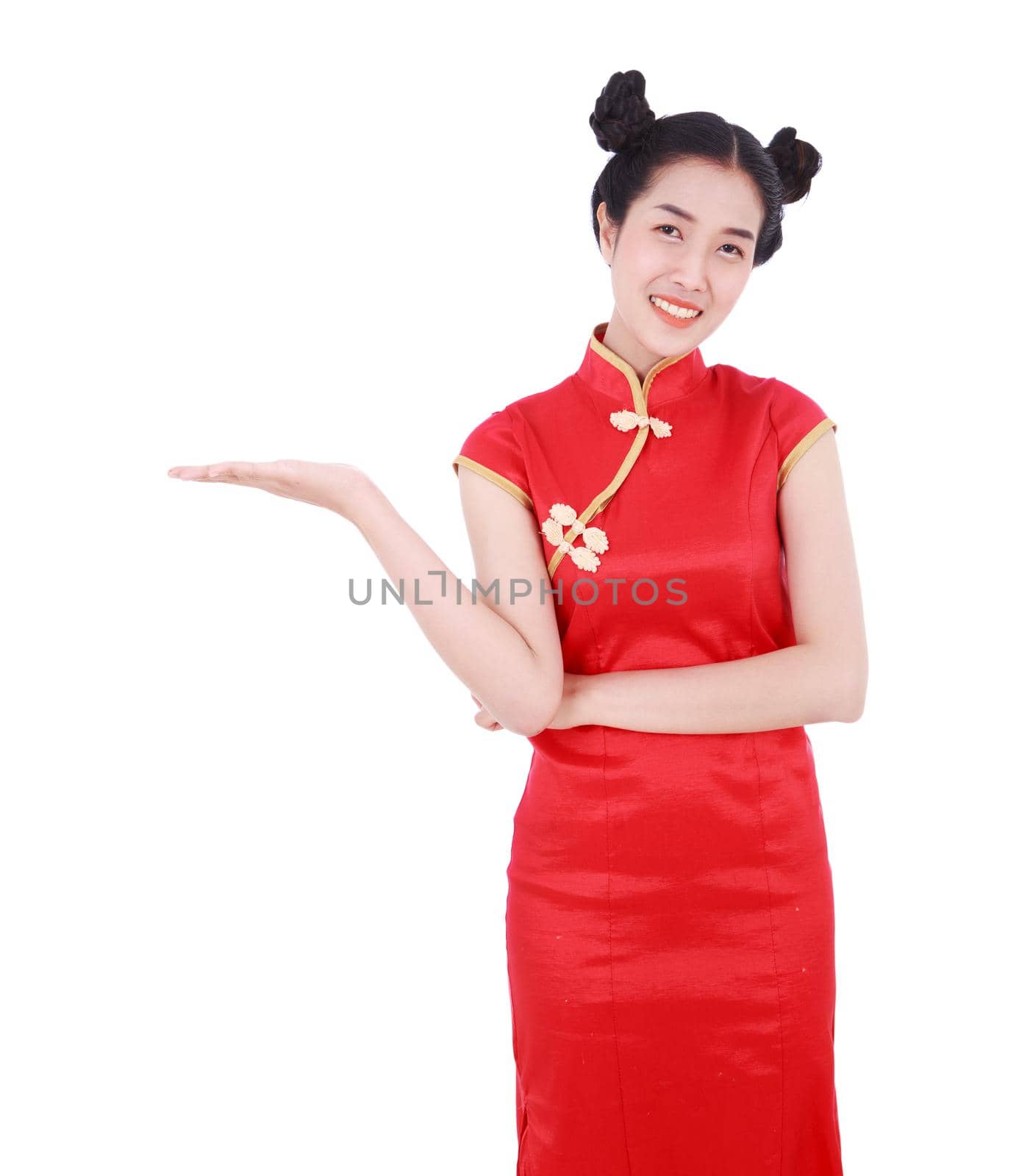 beautiful woman wear red cheongsam with open hand palm in concept of happy chinese new year