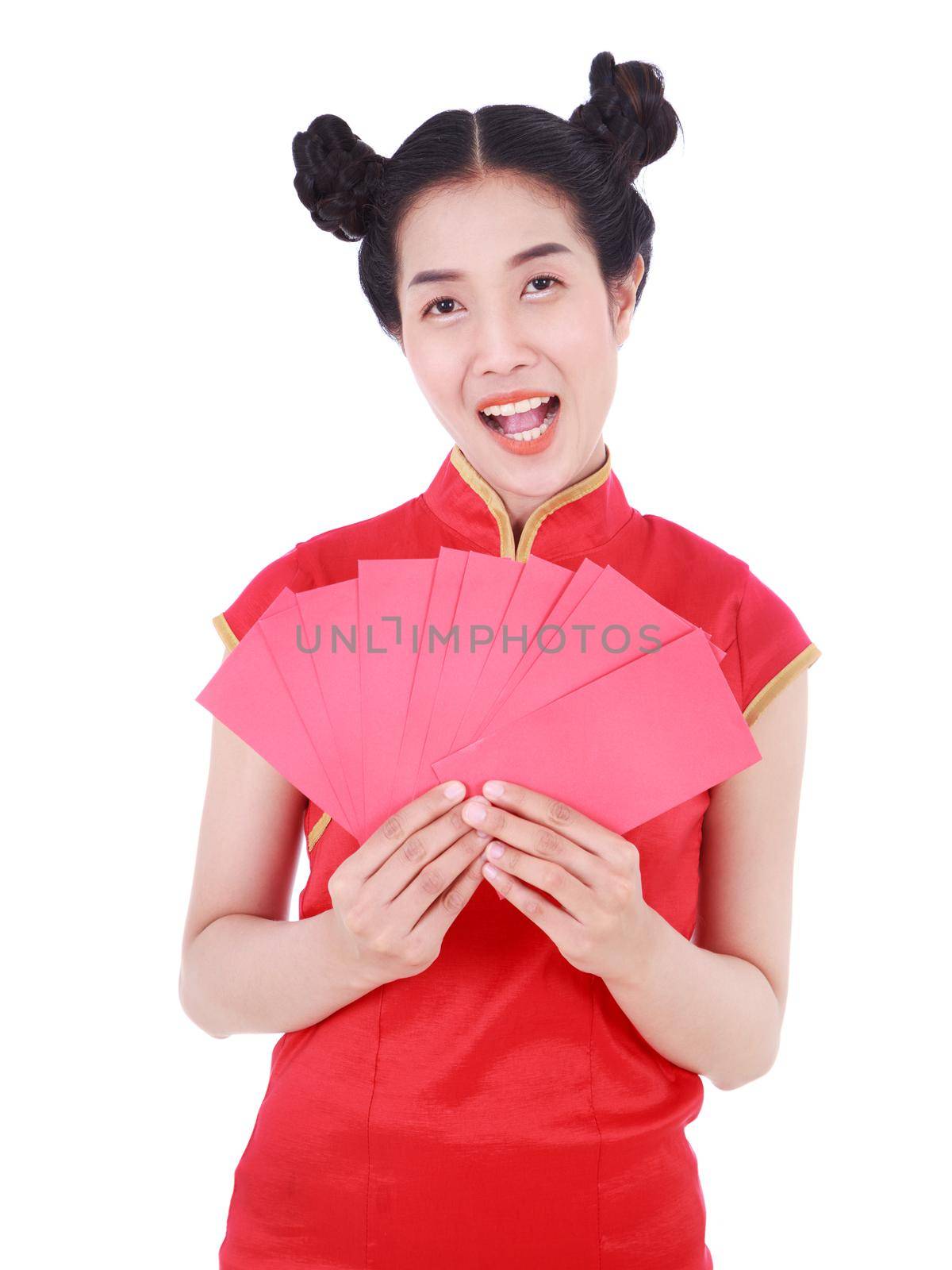 beautiful woman wear cheongsam and holding red envelope in concept of happy chinese new year isolated on white background