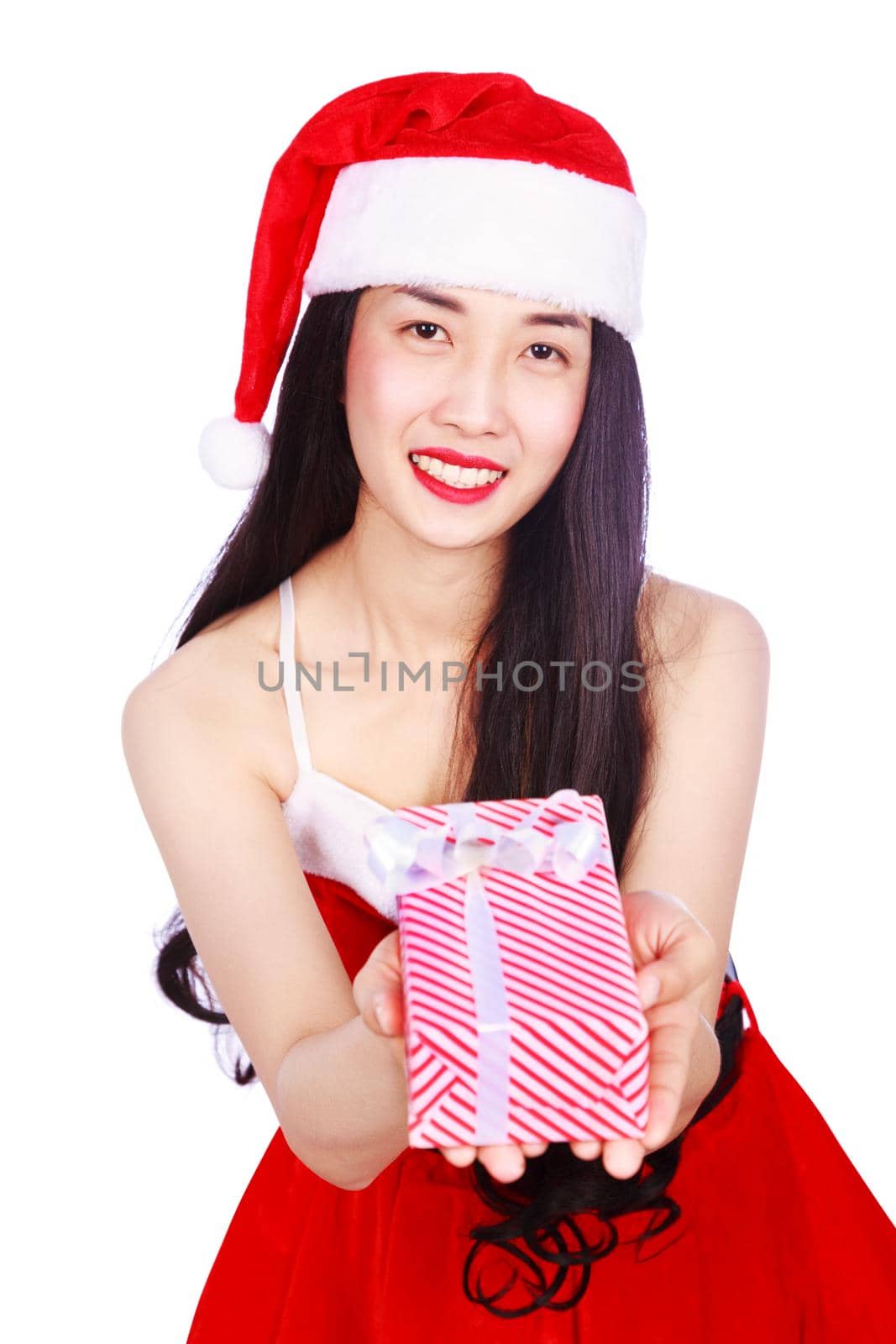 happy woman in Santa Claus clothes with gift box isolated on a white background