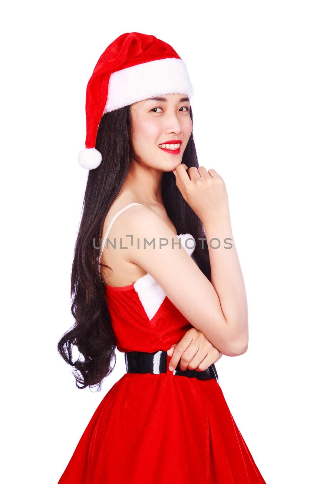 woman thinking in Santa Claus clothes isolated on a white background