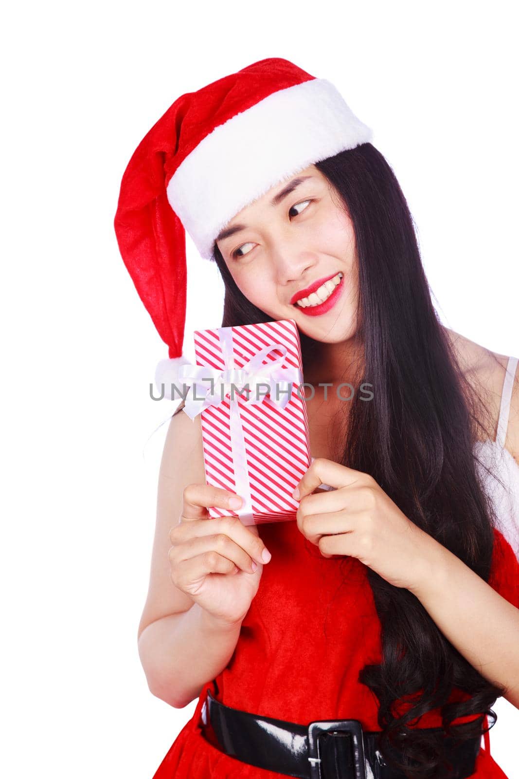 happy woman in Santa Claus clothes with gift box isolated on a white background