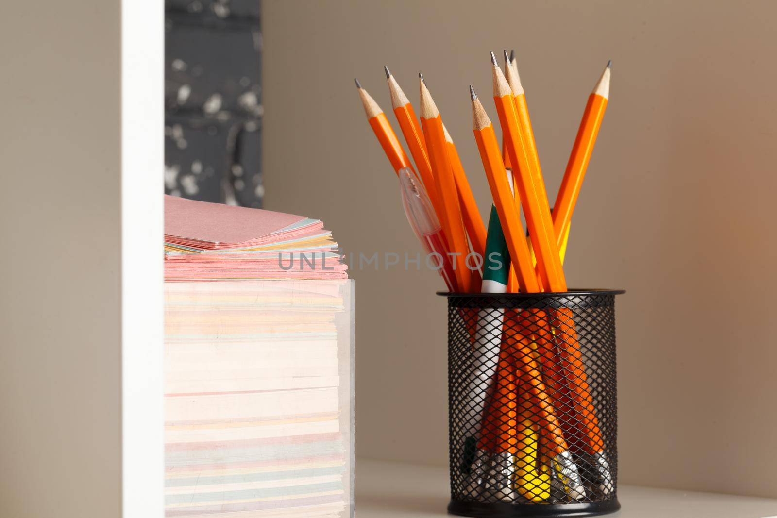 Education, studing and back to school concept Creative desk with stationery