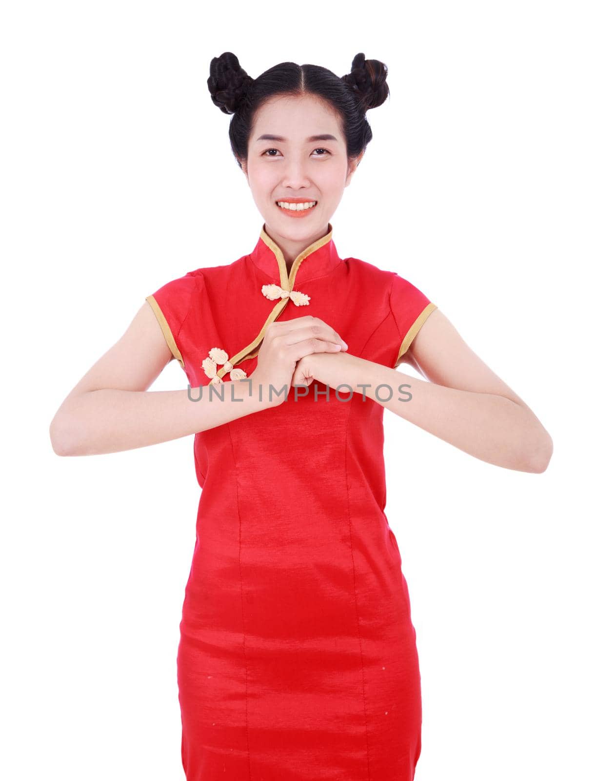 beautiful woman wear red cheongsam with gesture of congratulation in concept of happy chinese new year isolated on white background