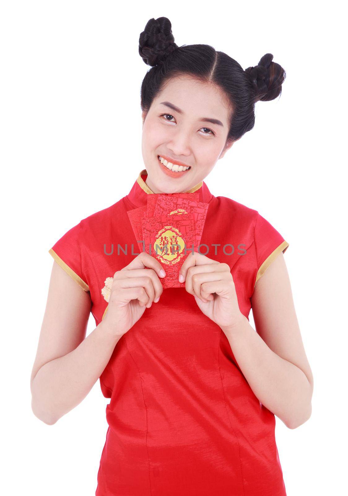 woman wear cheongsam and holding red envelope in concept of happy chinese new year isolated on white background by geargodz