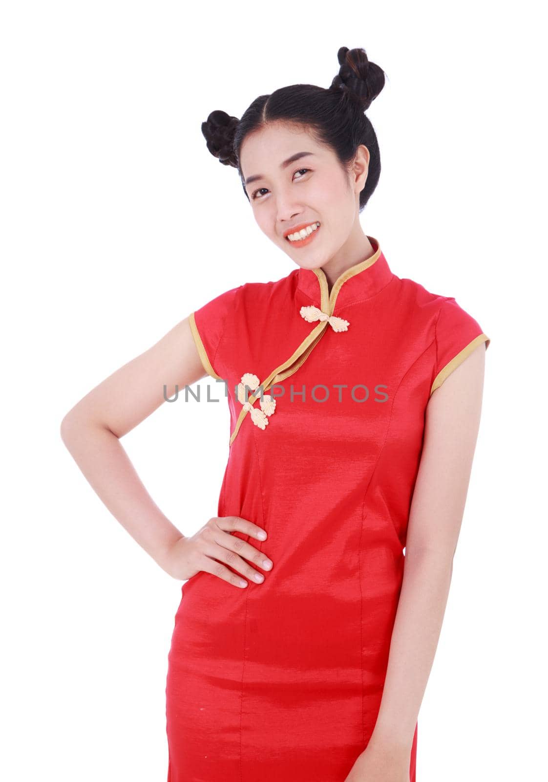 woman wear red cheongsam in concept of happy chinese new year by geargodz