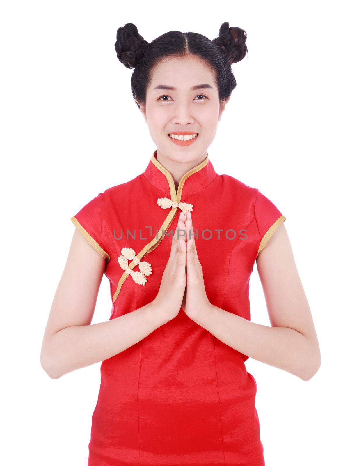 beautiful woman wear red cheongsam and pay respect in concept of happy chinese new year isolated on white background